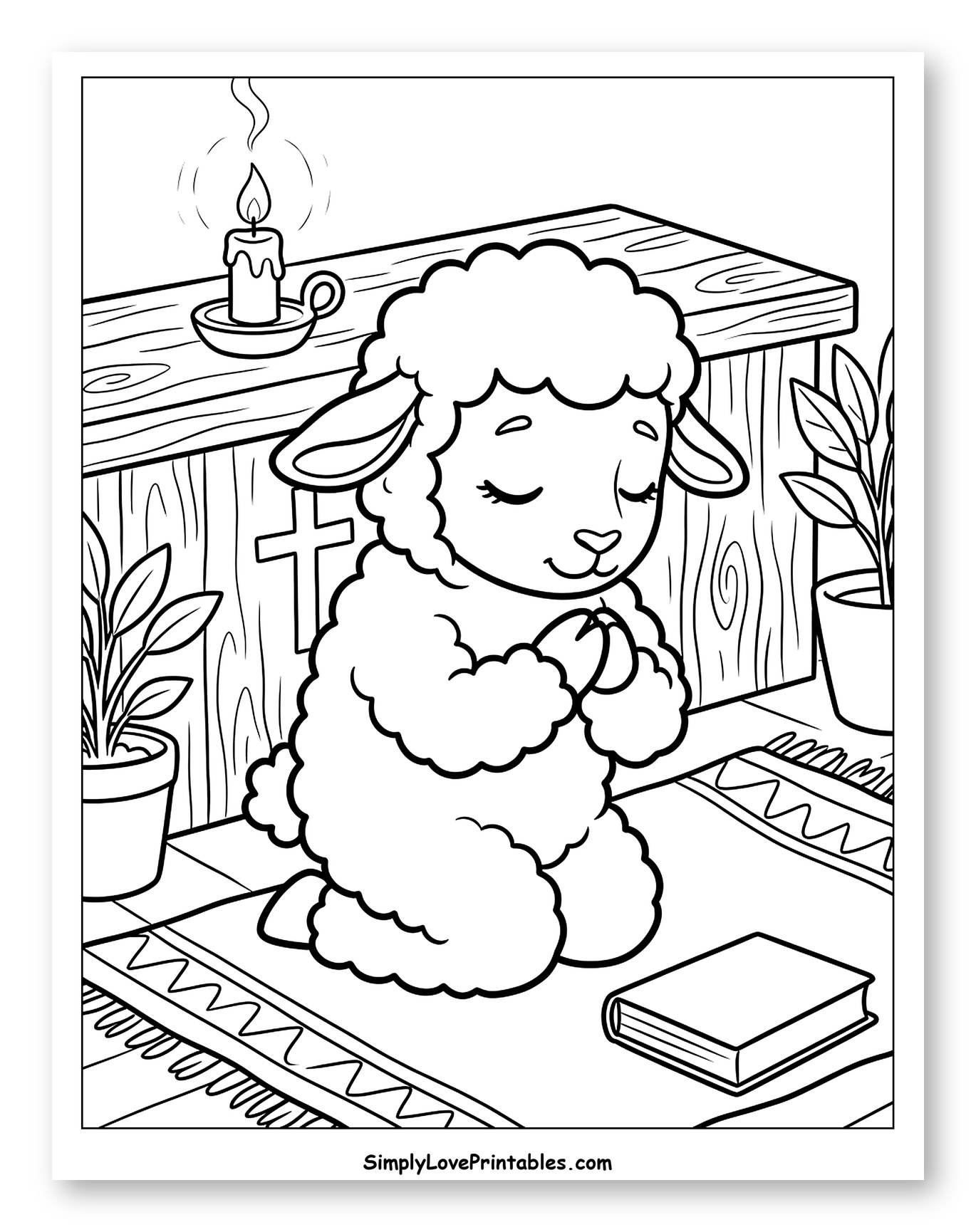 Little Lamb Kneeling in Prayer with Bible Coloring Sheet for Kids
