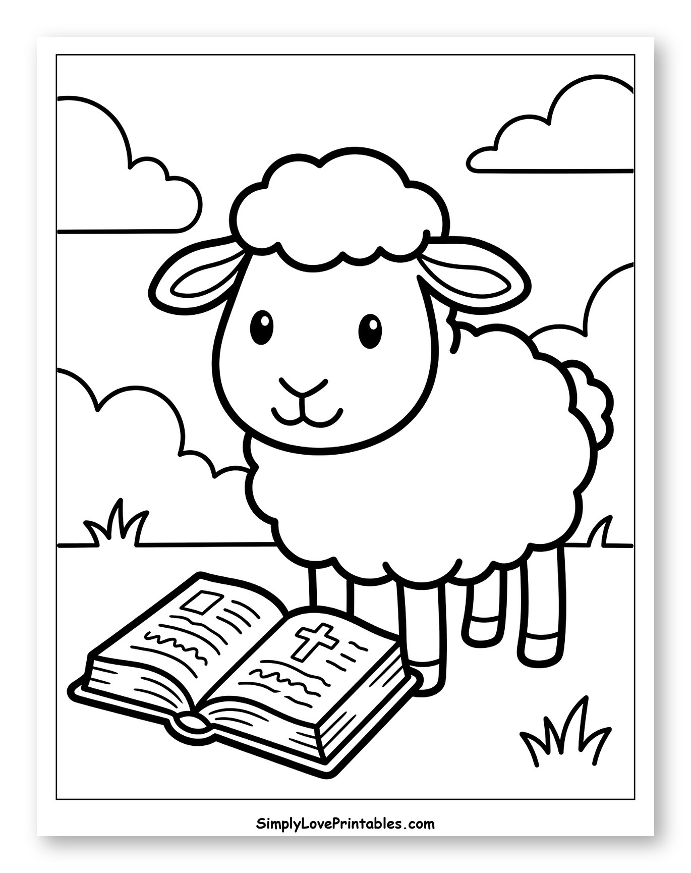 Little Lamb with an Open Bible Coloring Sheet for Toddlers