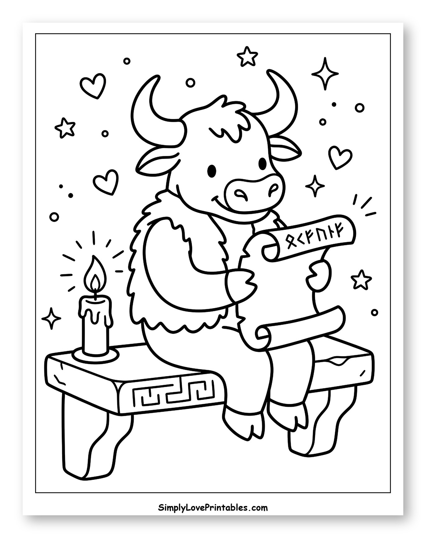 Little Minotaur Reading by Candlelight Coloring Sheet for Adults