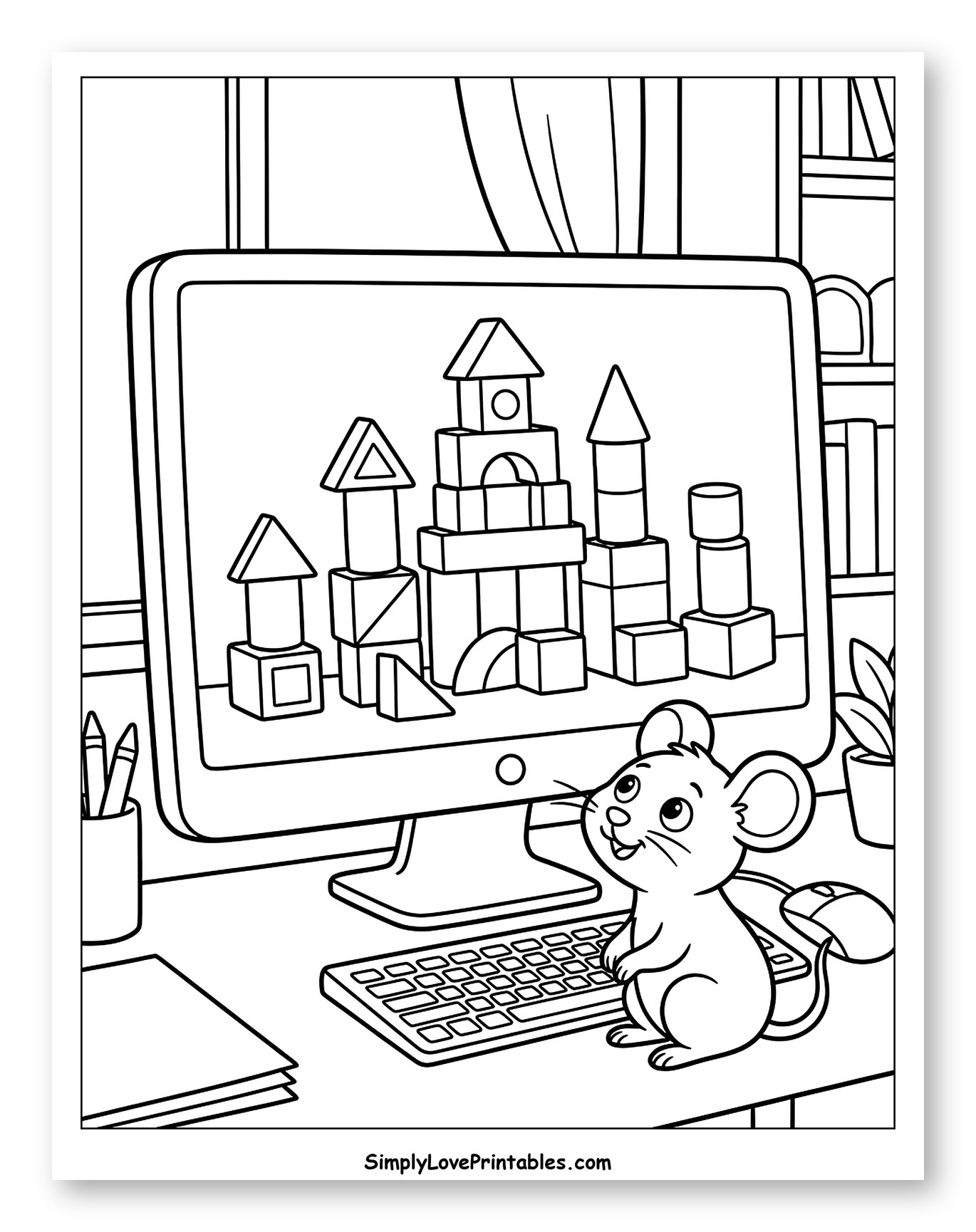 Little Mouse Admires Computer Screen Game Coloring Sheet for Kids
