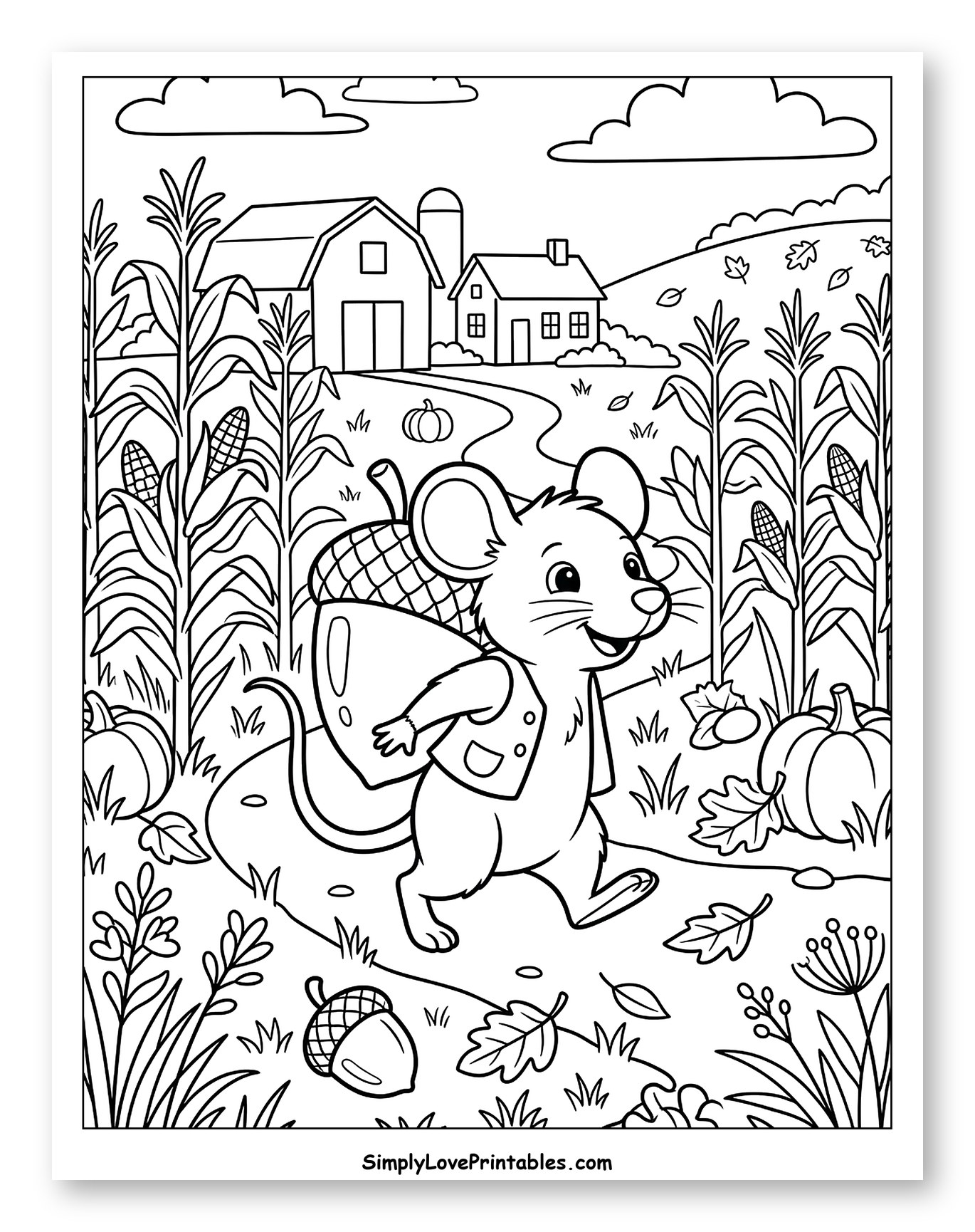 Little Mouse Carrying a Giant Acorn through a Farm