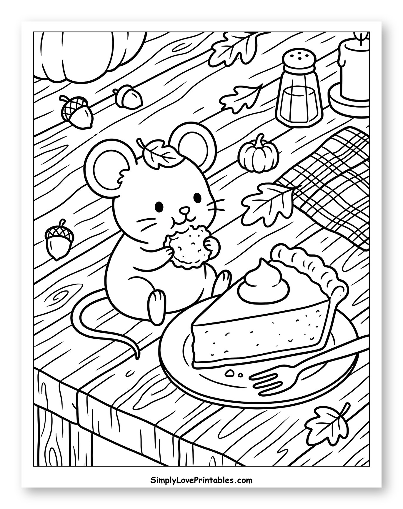Little Mouse with Pumpkin Pie and Fall Decor Coloring Sheet for Kids