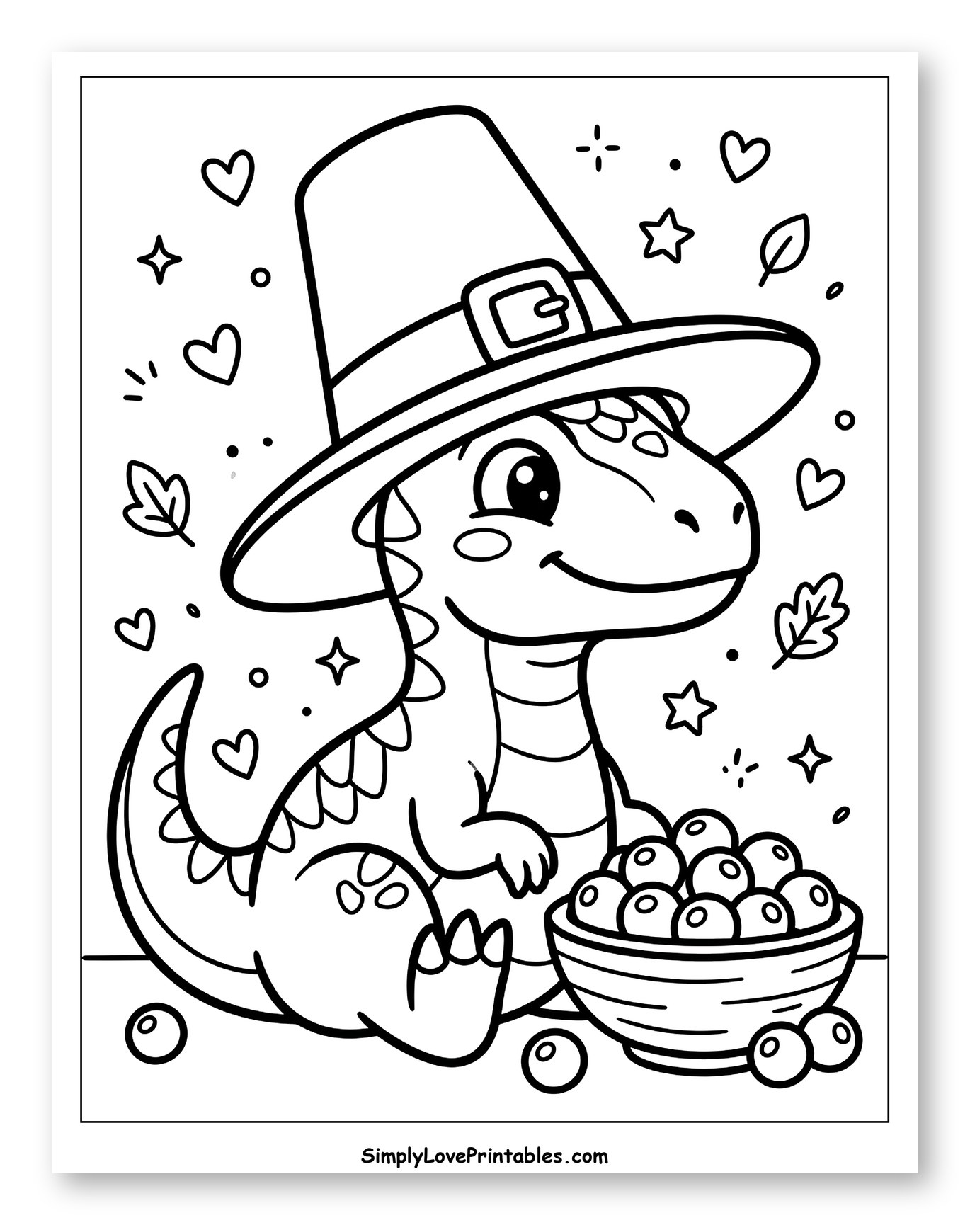 Little Pilgrim Dinosaur with a Bowl of Berries Coloring Page for Adults
