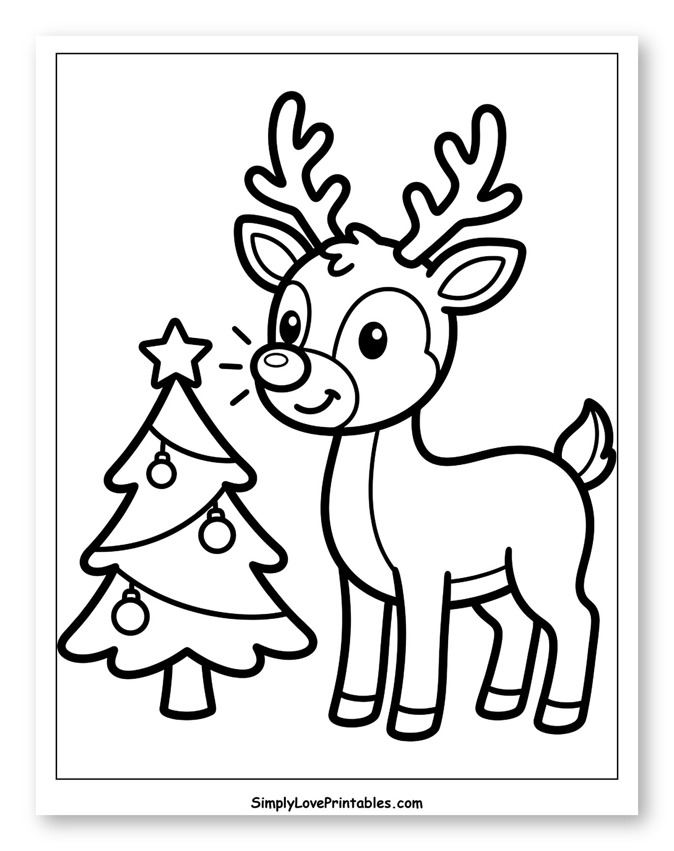 Little Rudolph Standing by a Decorated Christmas Tree