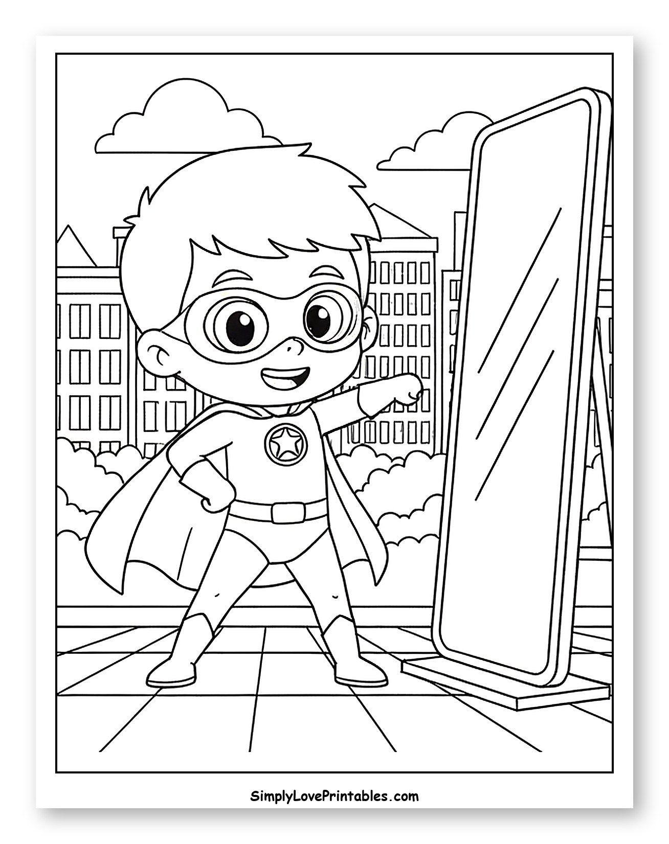 Little Superhero Boy Posing in Mirror Coloring Sheet for Kids