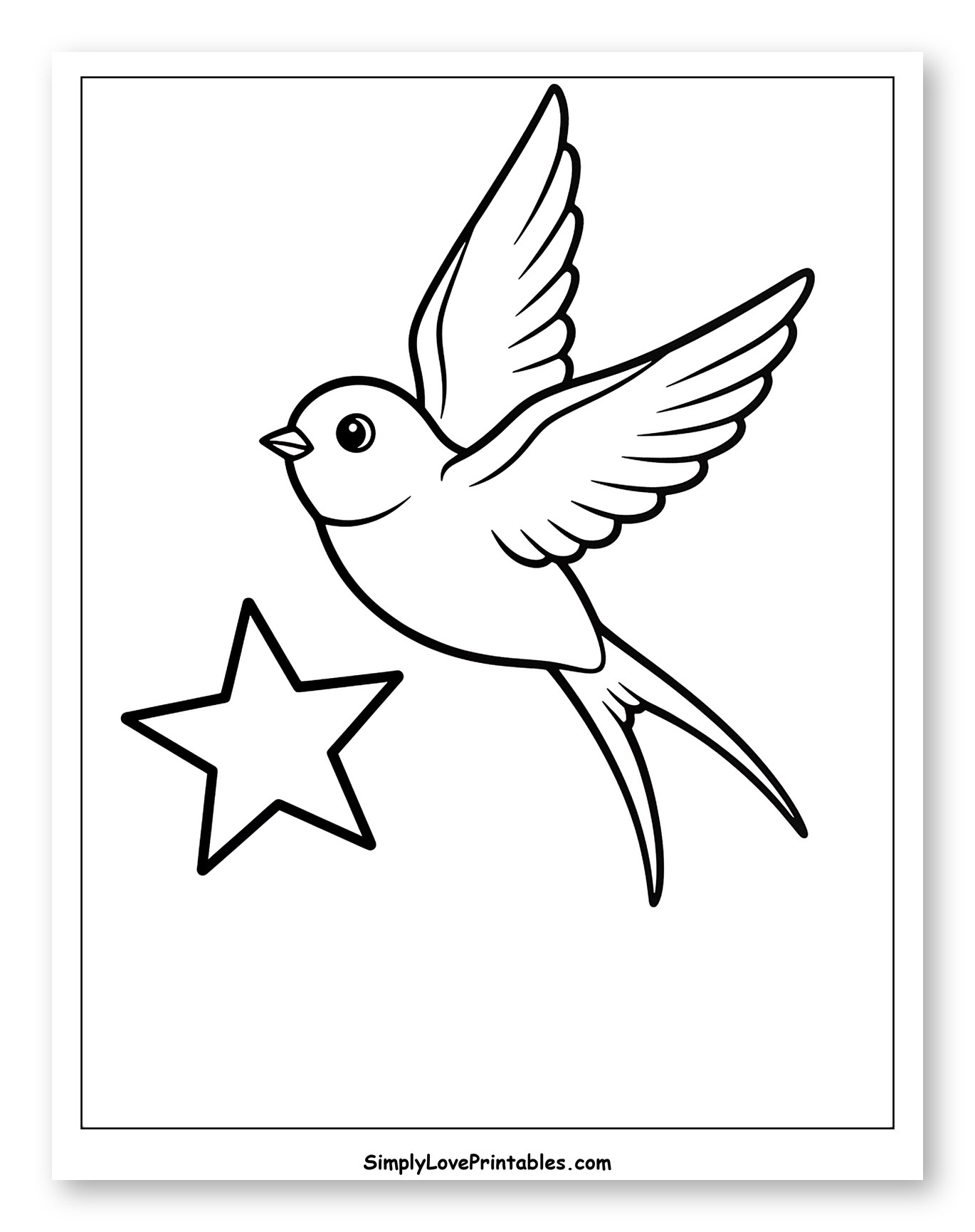 Little Swallow Bird Flying with a Star Coloring Page for Toddlers