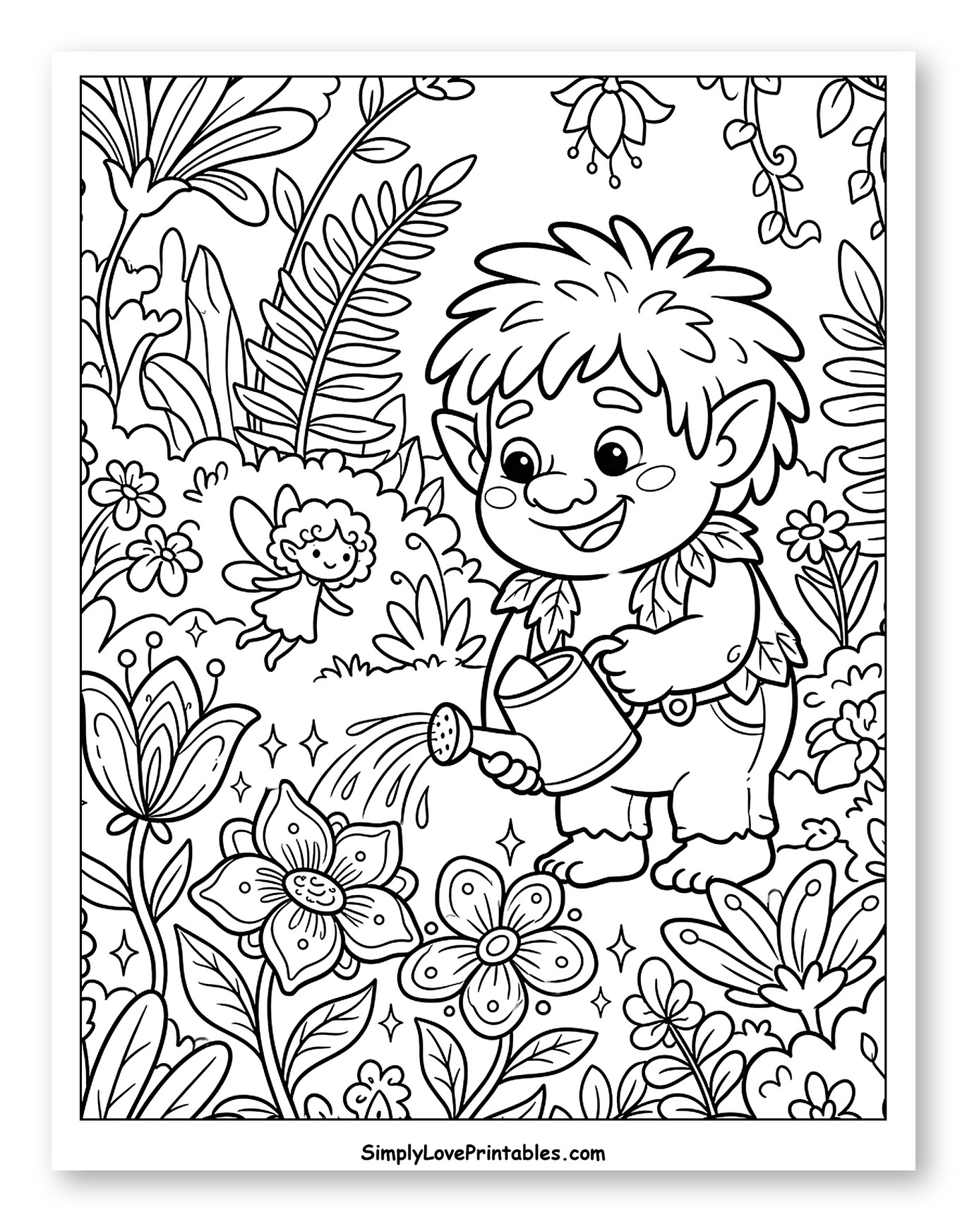 Little Troll Watering Flowers in a Garden Coloring Sheet for Kids