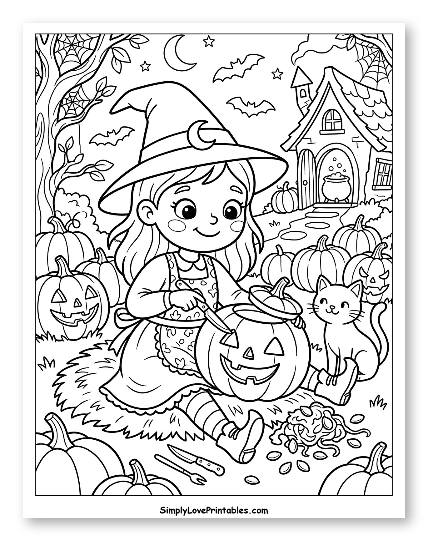 Little Witch Carving a Jack-o'-lantern