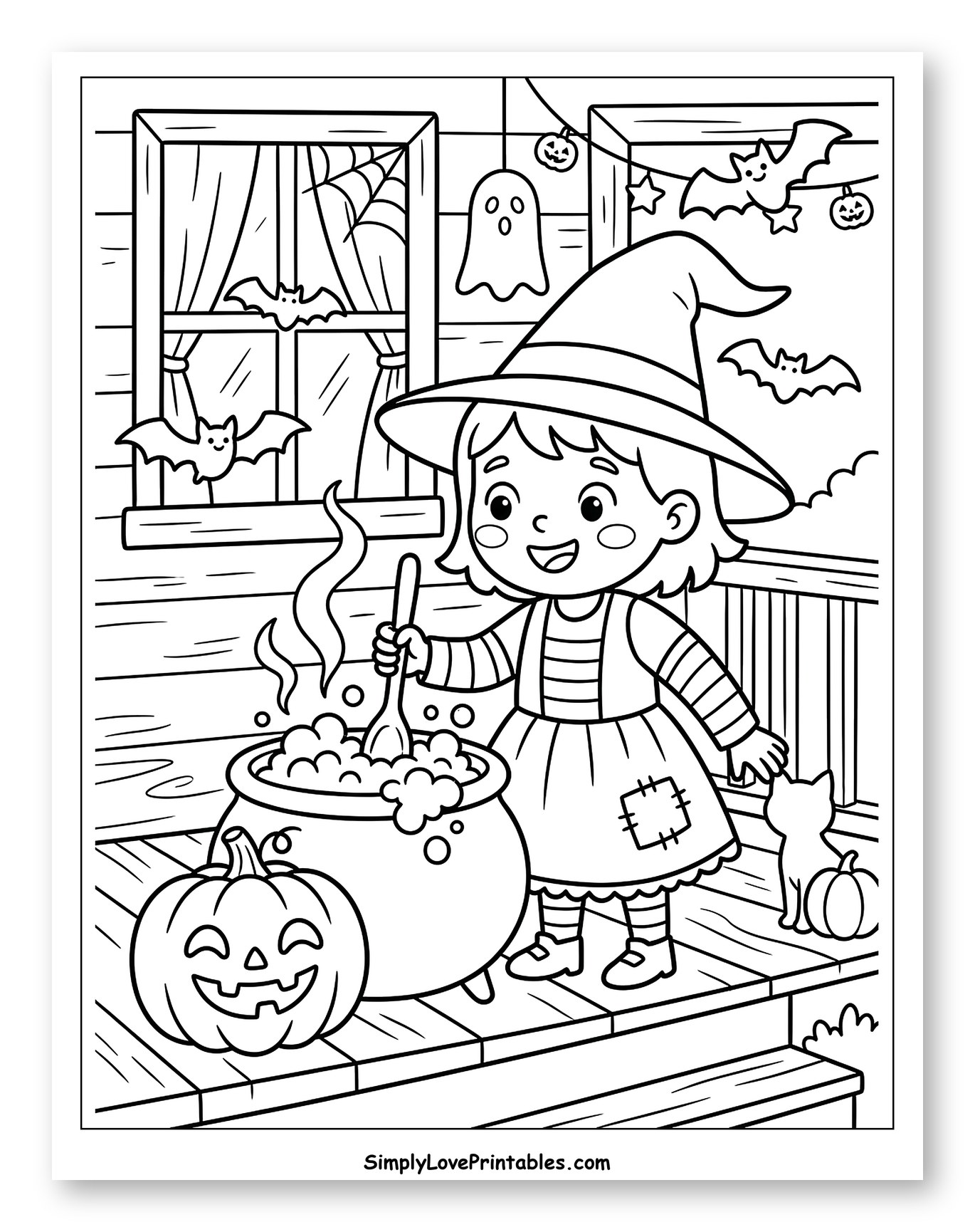 Little Witch Stirring Cauldron on Halloween Porch