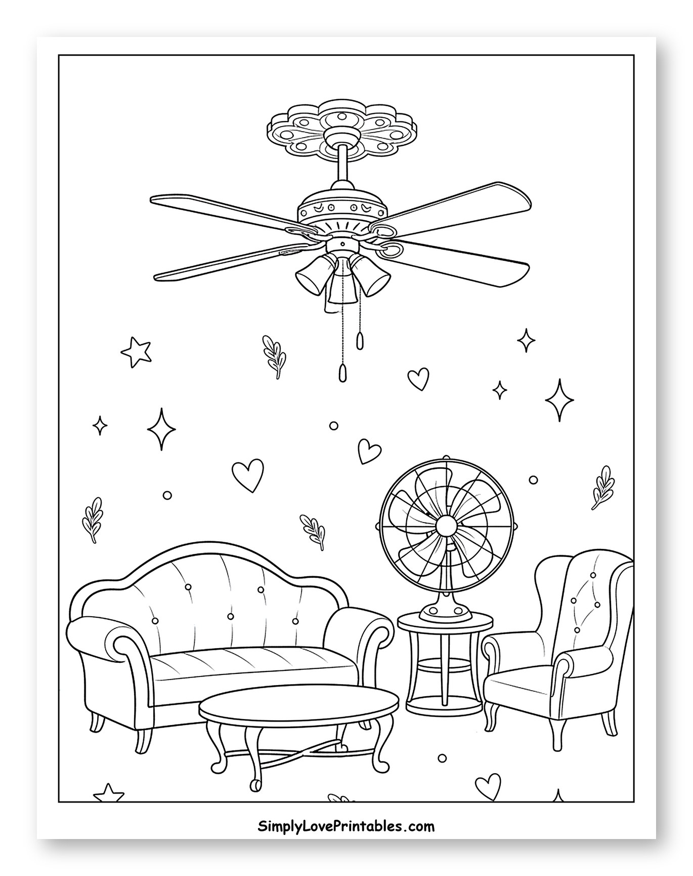 Living Room Scene with Ceiling and Table Fans