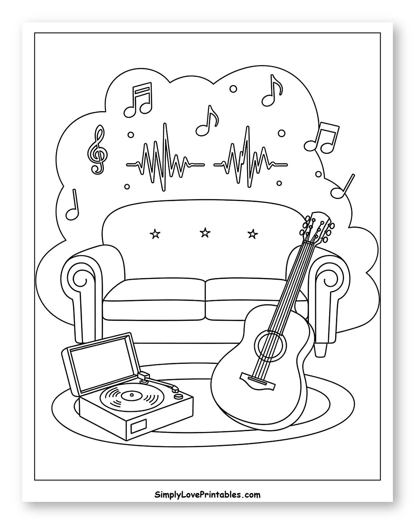 Living Room with Couch, Music, and Guitar Coloring Page for Adults