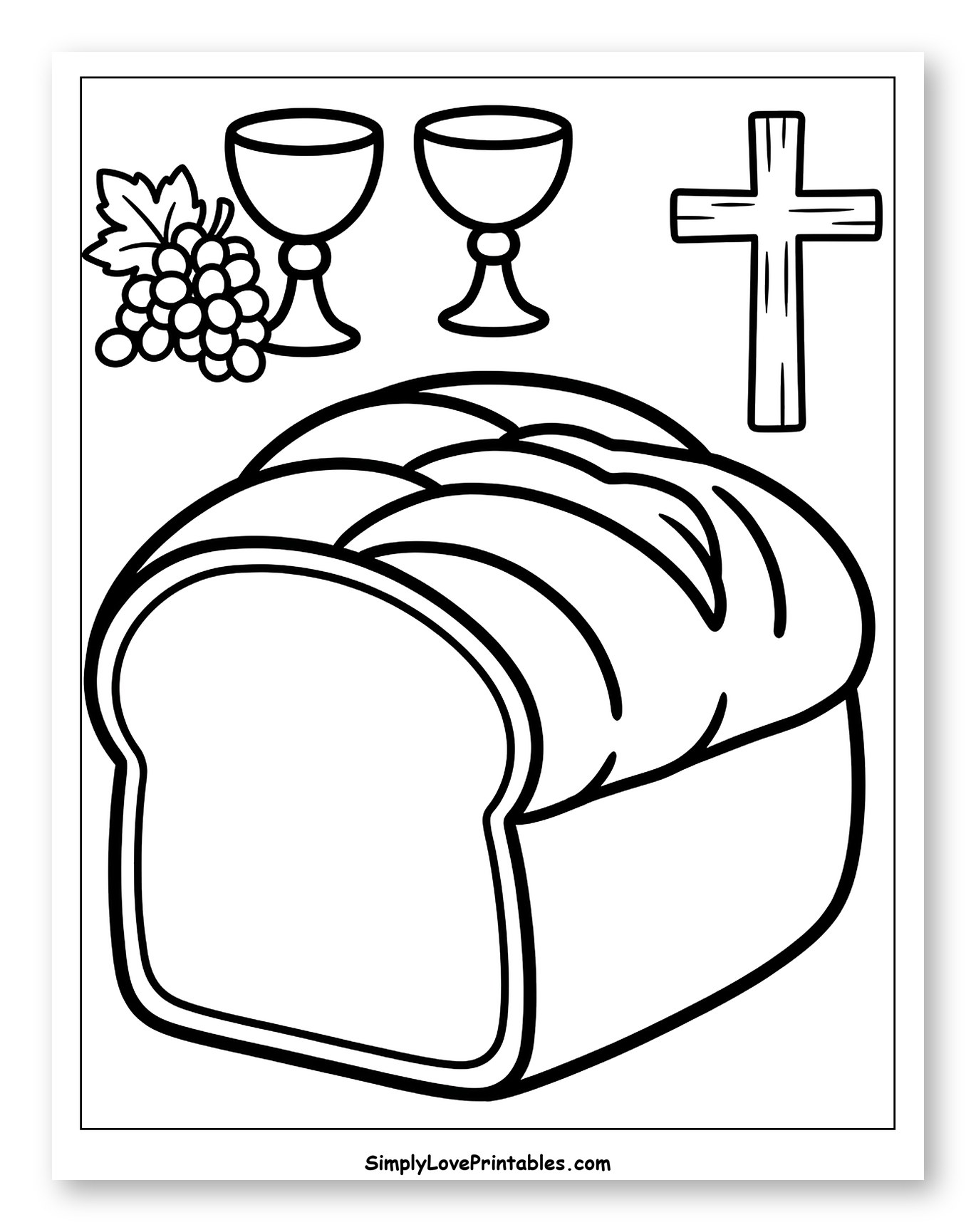 Loaf of Bread, Grapes, Chalices, Cross to Color for Toddlers