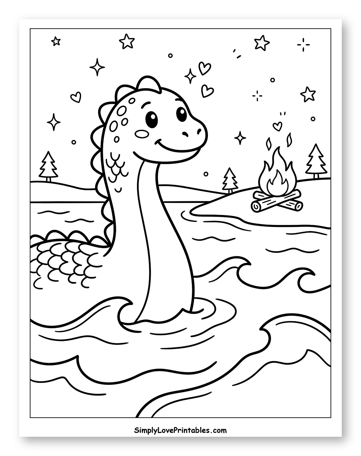 Loch Ness Monster and Campfire Under Stars Coloring Sheet for Adults
