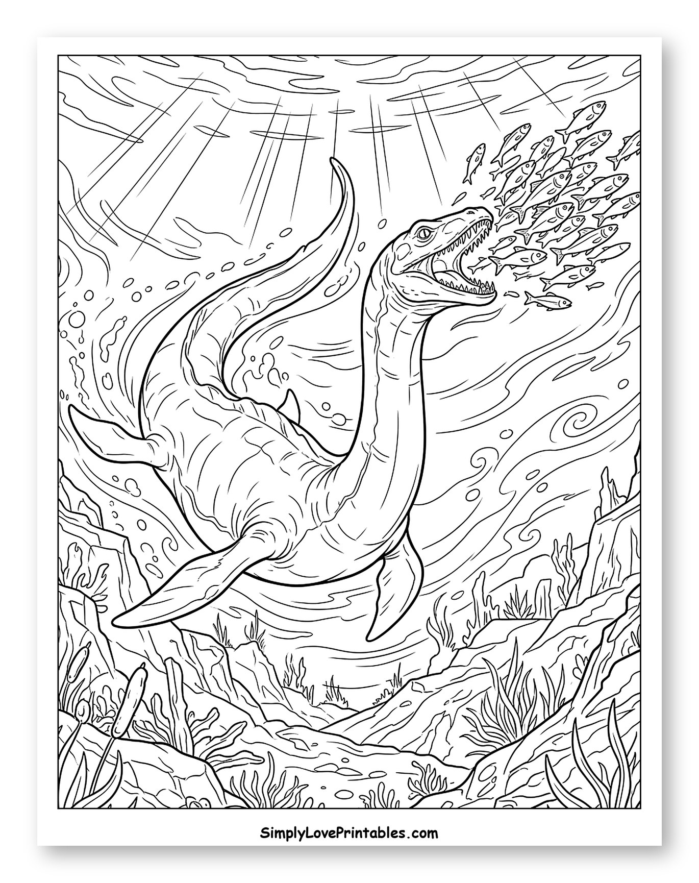 Loch Ness Monster Chasing School of Fish Coloring Page
