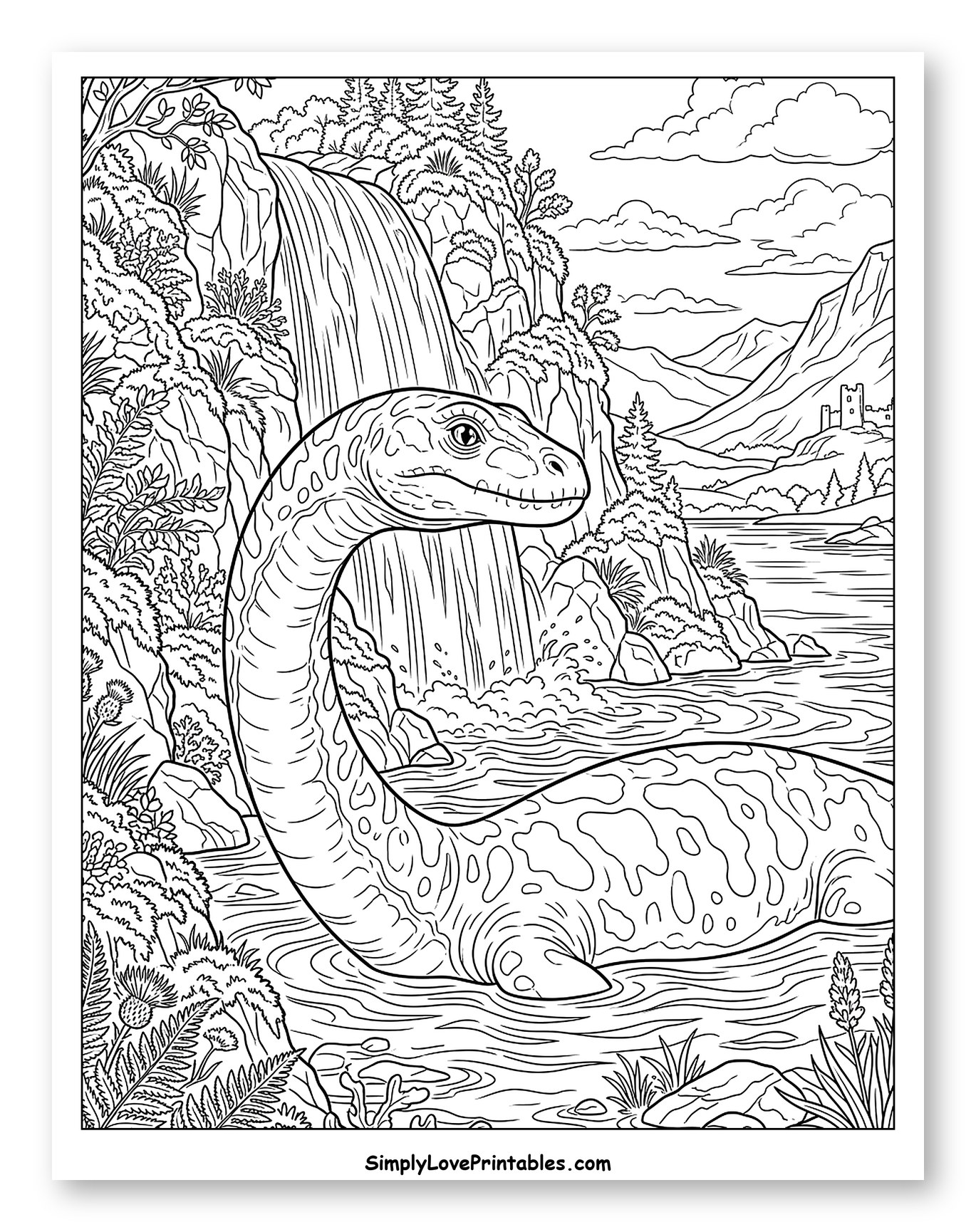 Loch Ness Monster in a Highland Landscape Coloring Page