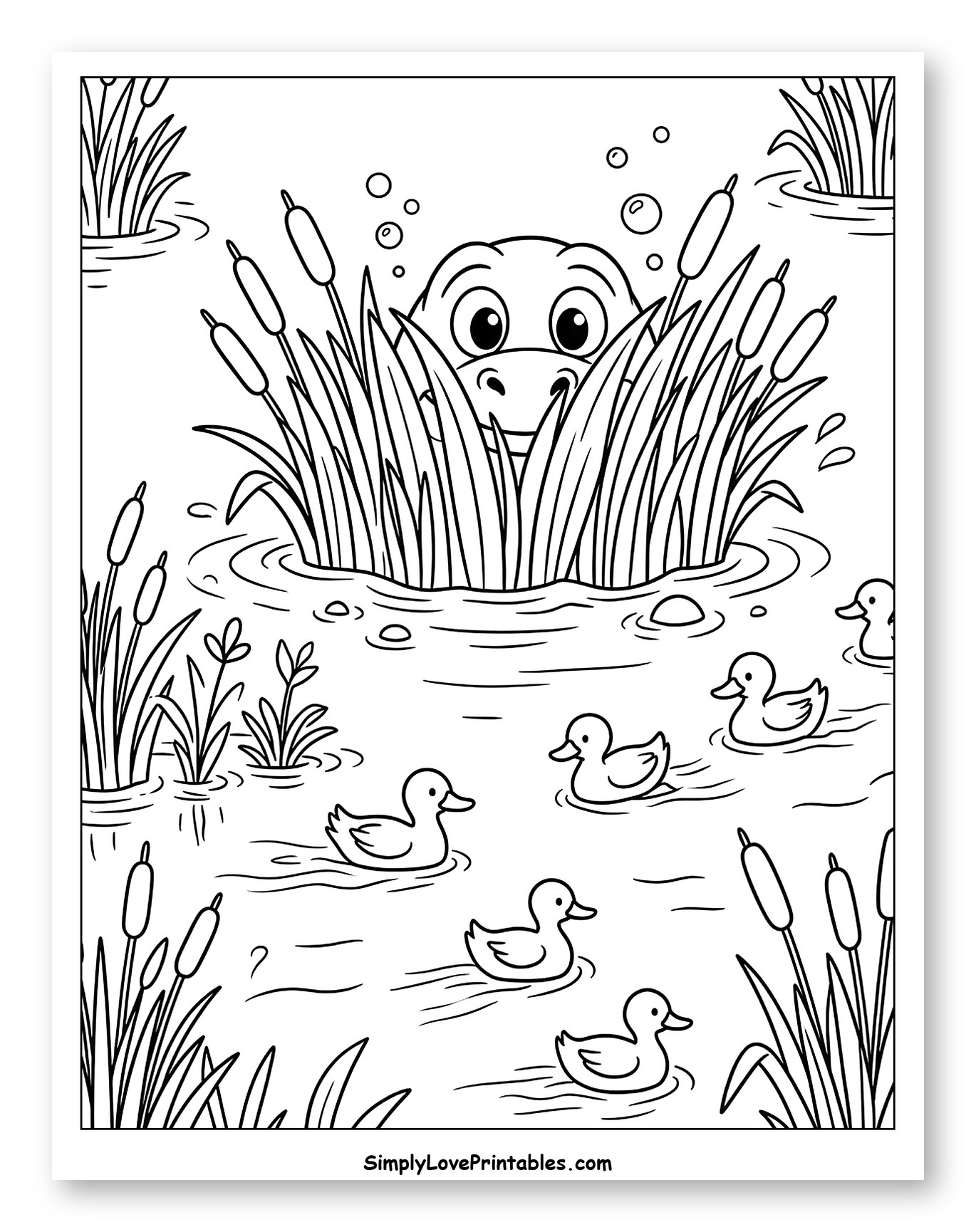 Loch Ness Monster Peeking from Reeds with Ducklings