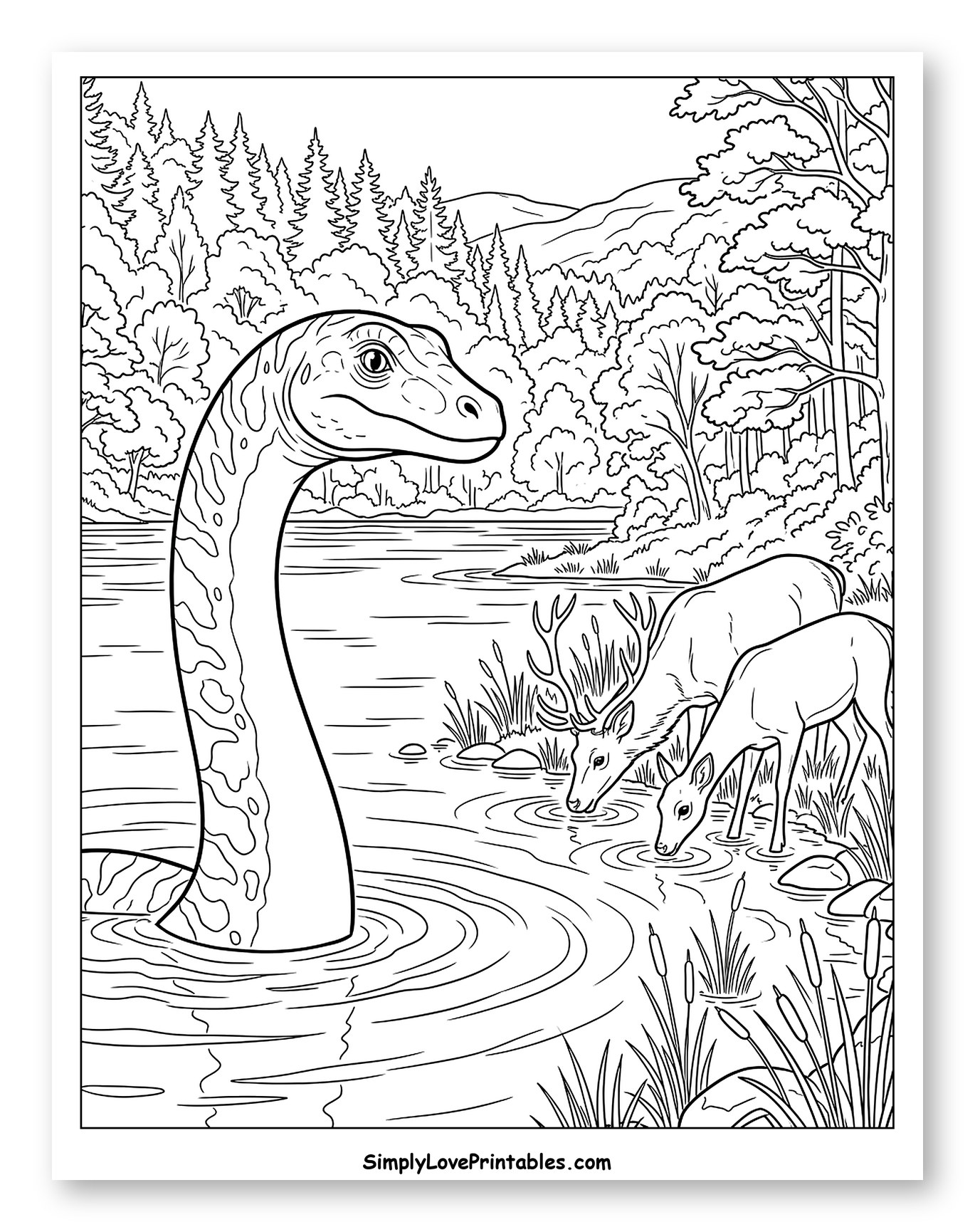 Loch Ness Monster Watching Deer Drink Coloring Page