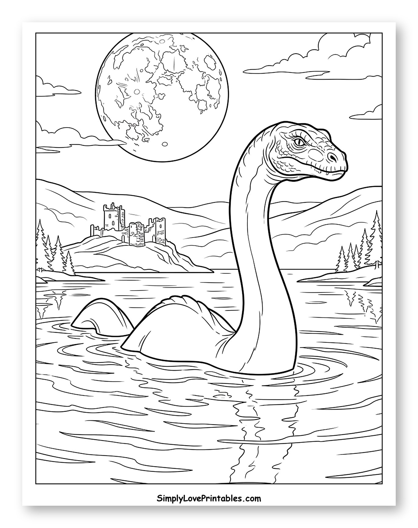 Loch Ness Monster with Castle and Moon Coloring Page