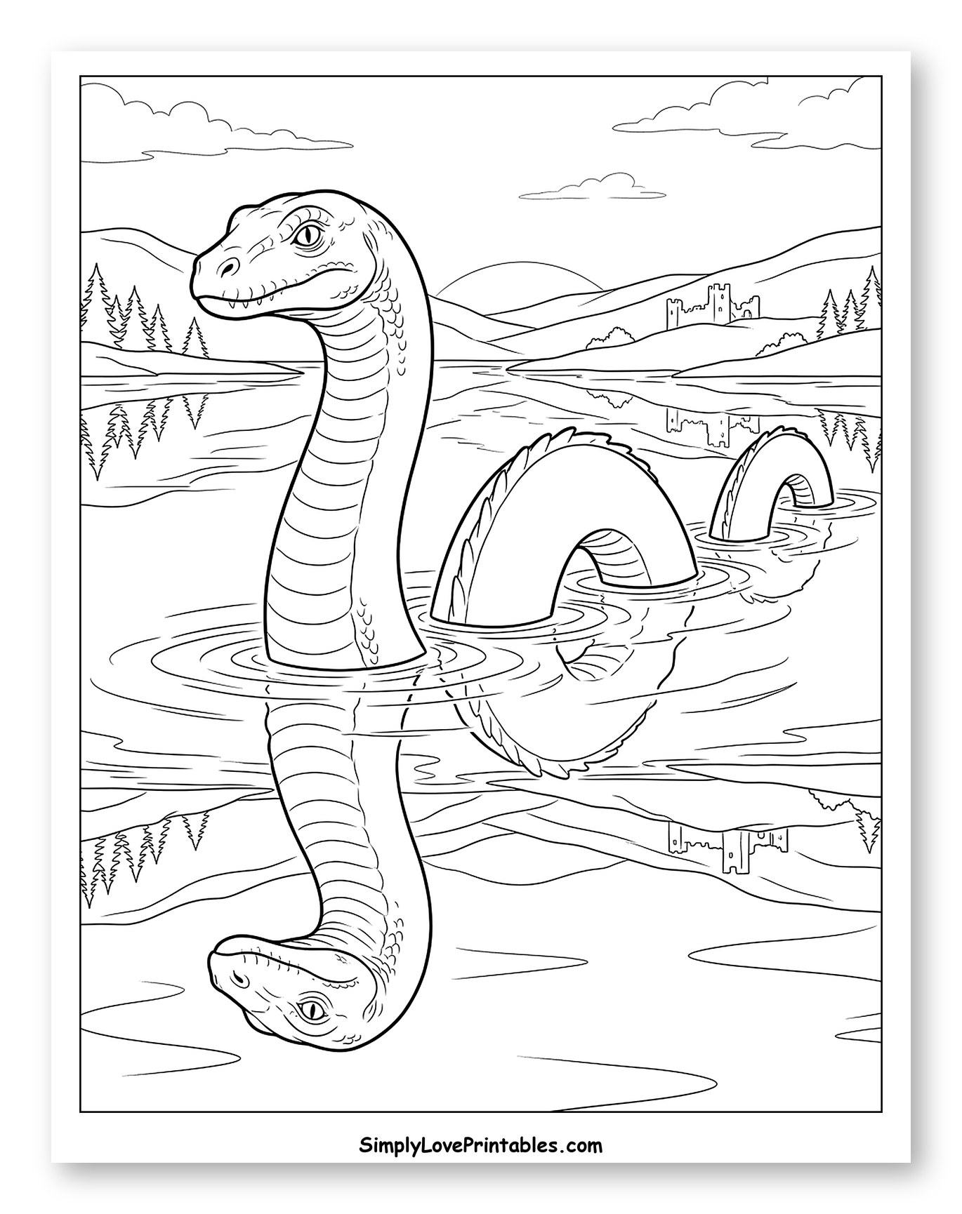 Loch Ness Monster with Castle and Mountains