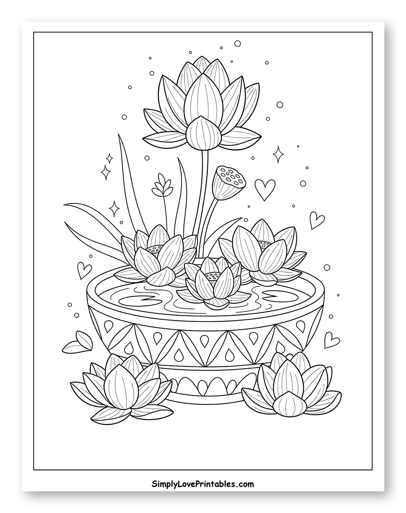 Lotus Flowers with a Patterned Water Bowl Coloring Page for Adults