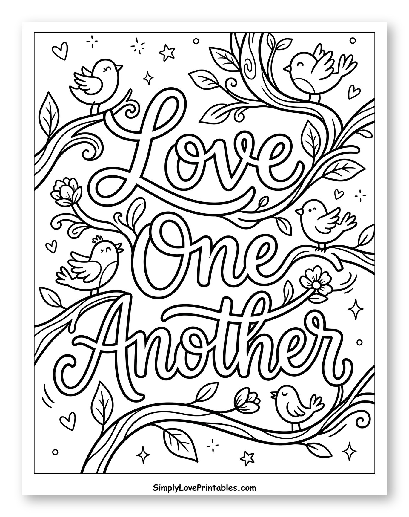 Love One Another Message with Birds and Branches Coloring Sheet for Adults