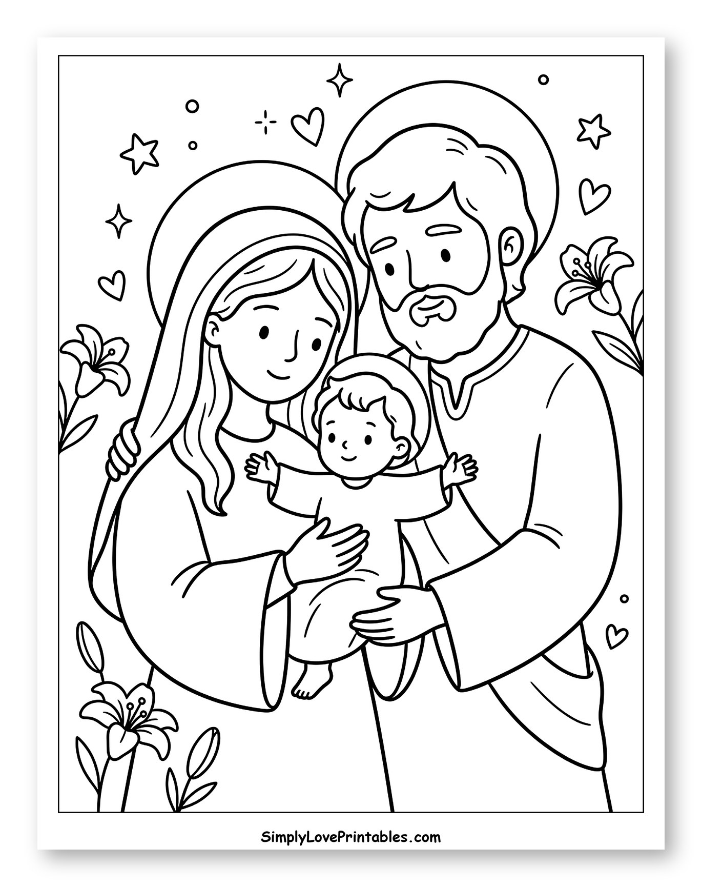 Loving Holy Family with Lilies and Stars Coloring Page for Adults