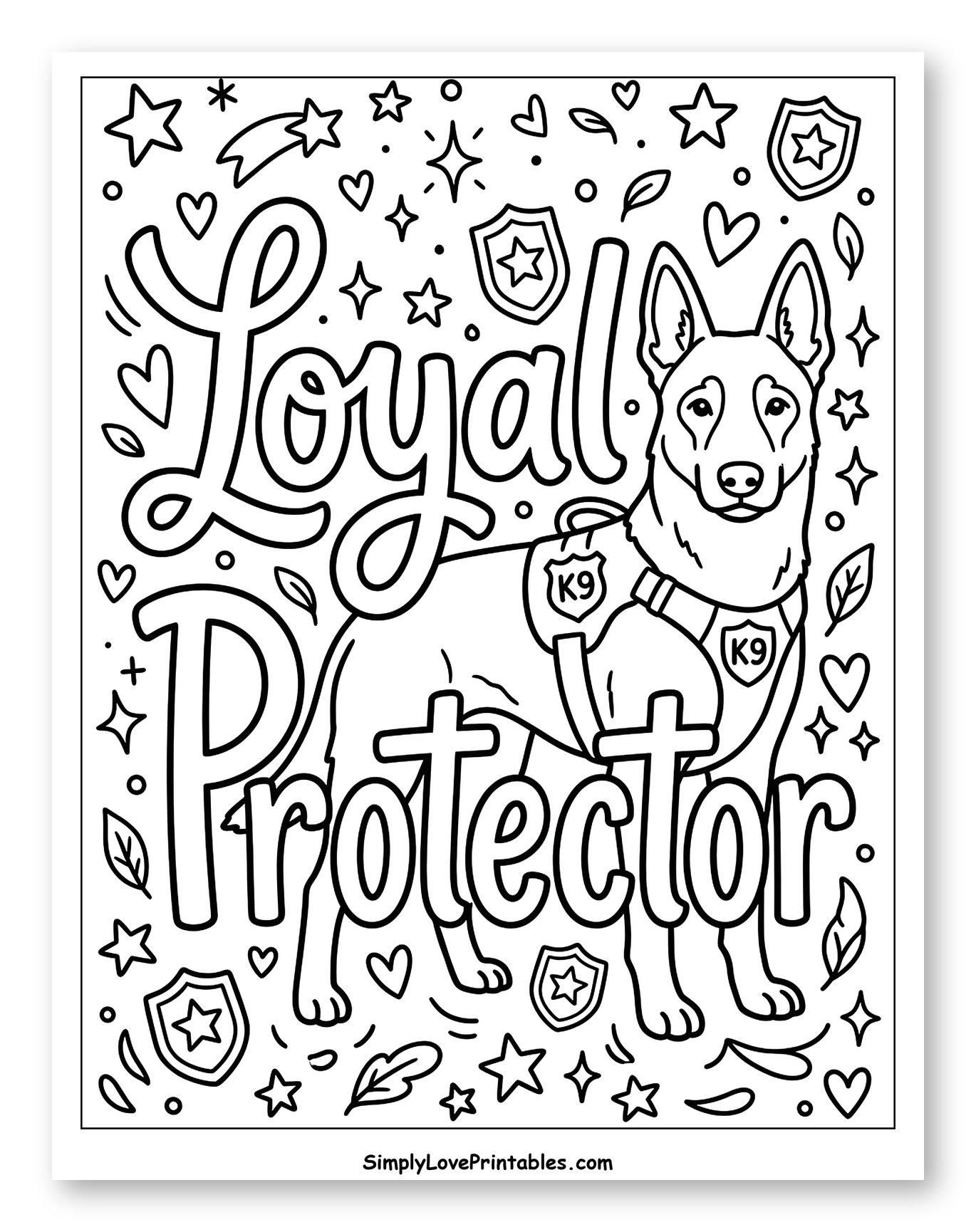 Loyal Protector K9 Dog and Badges Coloring Sheet for Adults