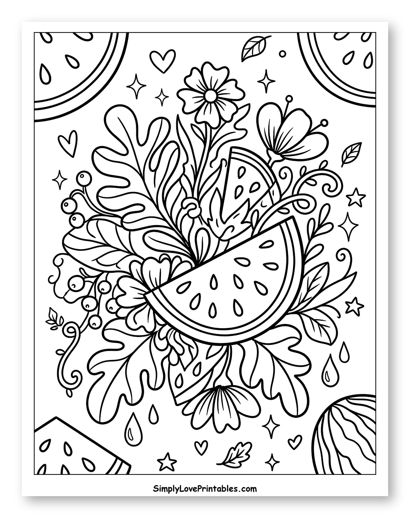 Lush Floral Watermelon Arrangement Coloring Sheet for Adults