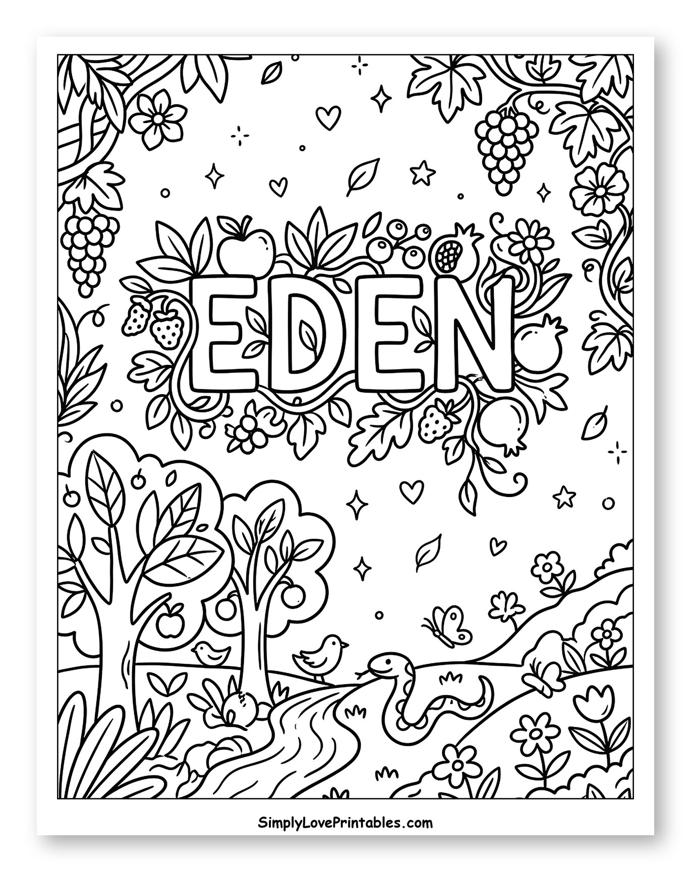 Lush Garden of Eden with Fruits and Animals Coloring Page for Adults