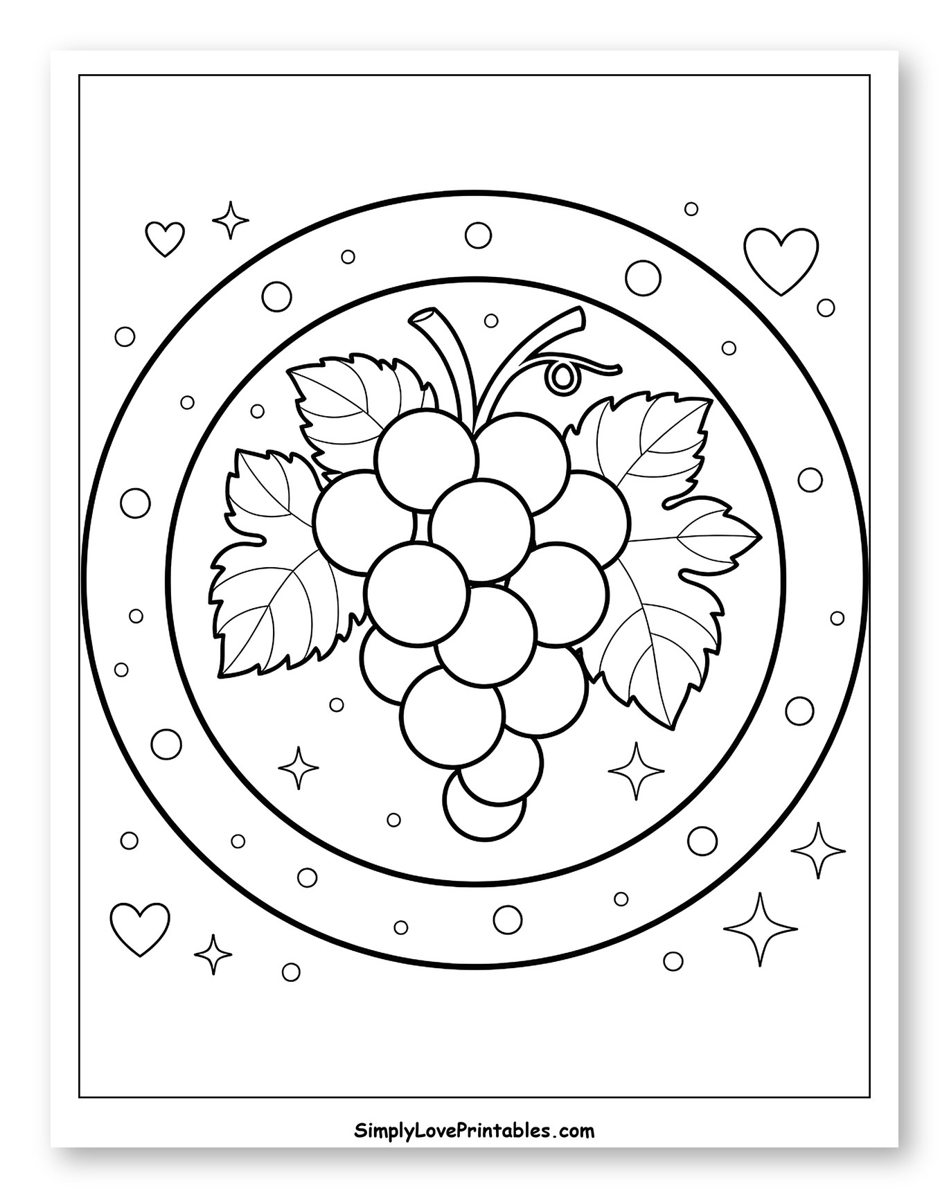 Lush Grapes with Hearts and Stars to Color for Adults