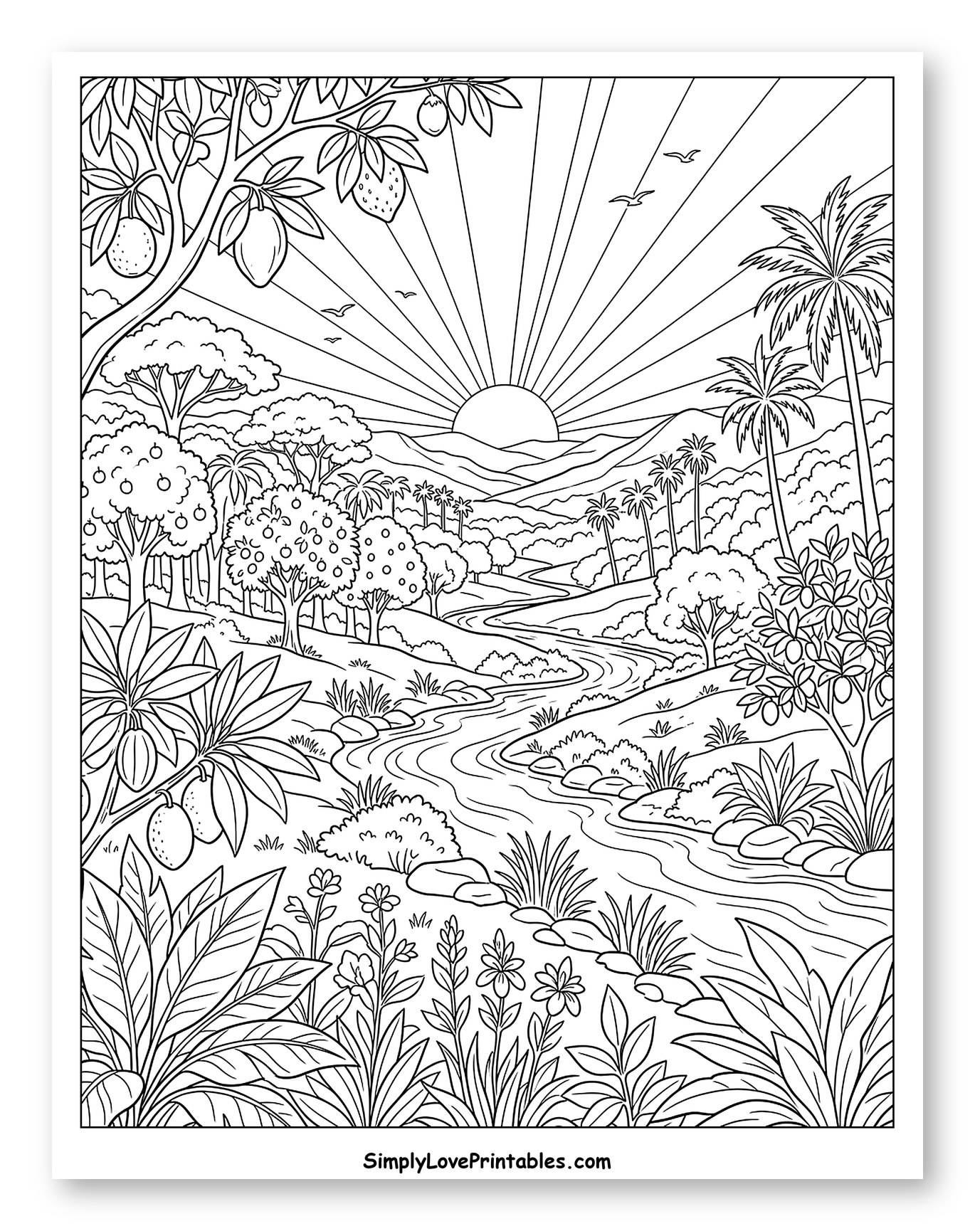 Lush Landscape with River and Rising Sun