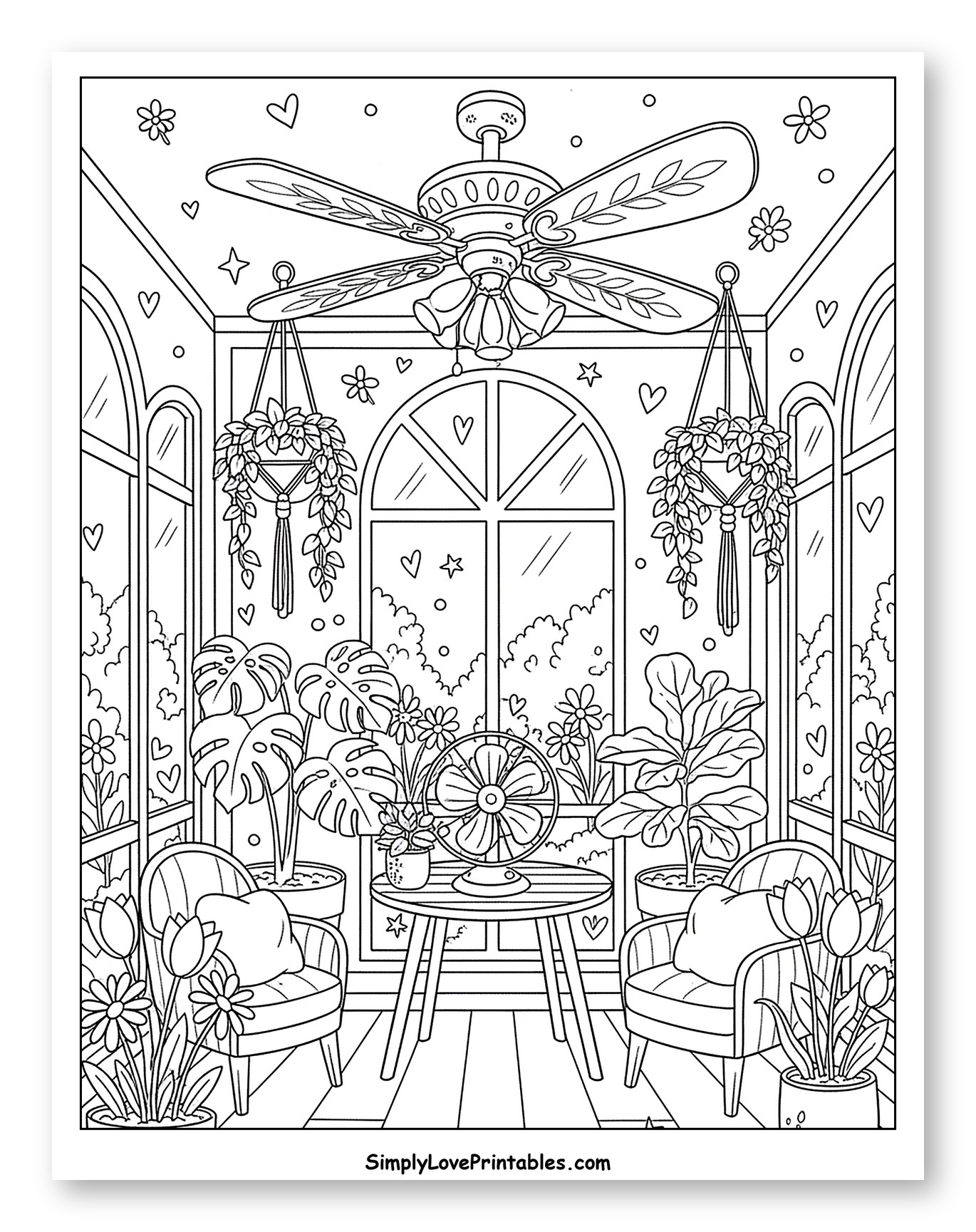 Lush Plant-Filled Sunroom with Ceiling Fan Coloring Sheet for Adults