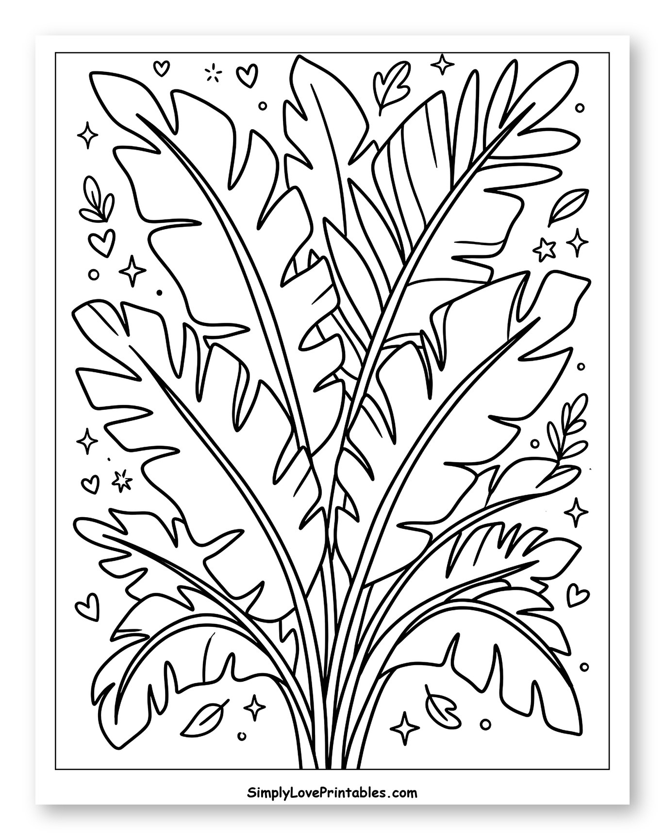 Lush Tropical Palm Leaves with Hearts and Stars Coloring Page for Adults