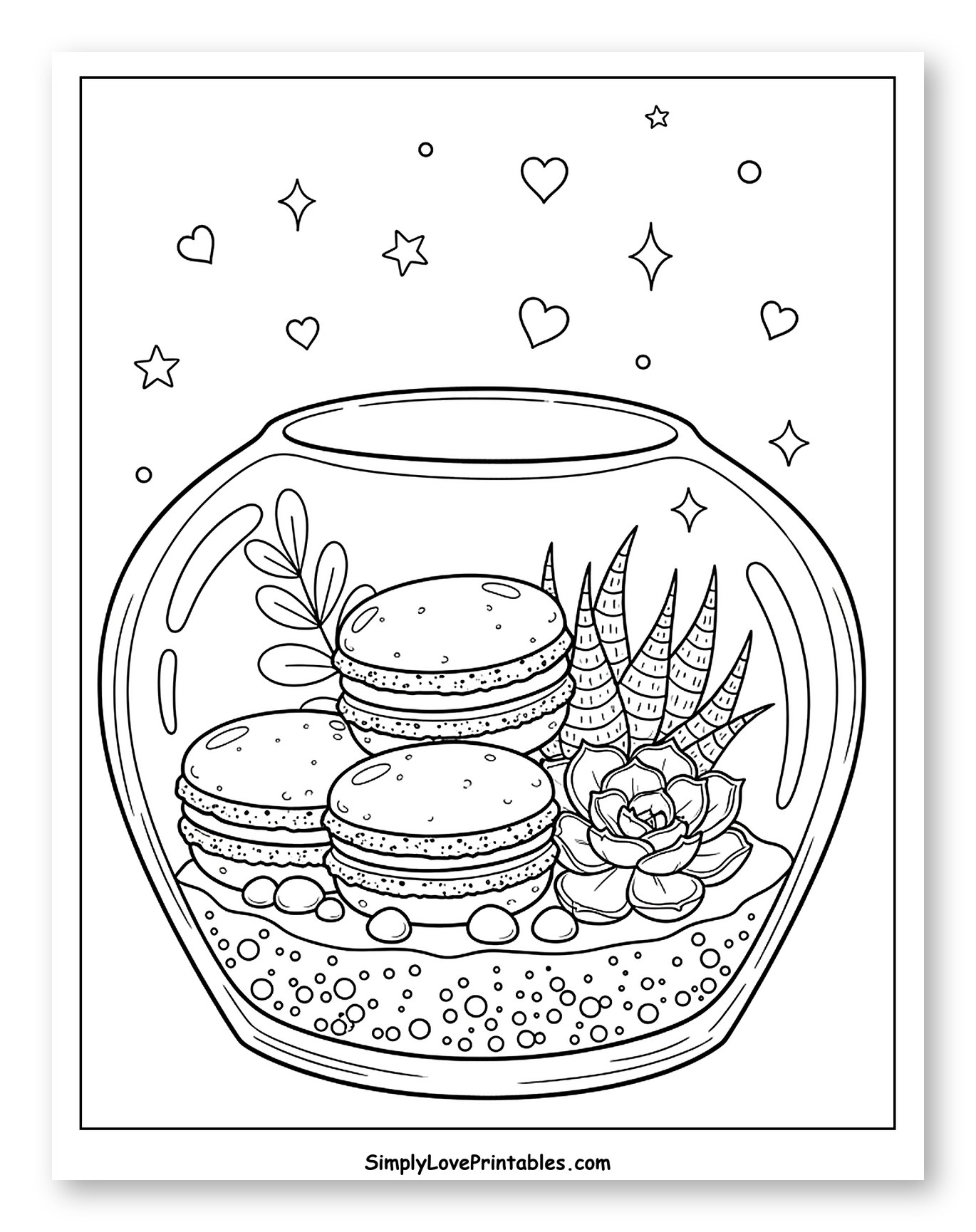 Macarons and Succulents in a Glass Terrarium Coloring Page for Adults