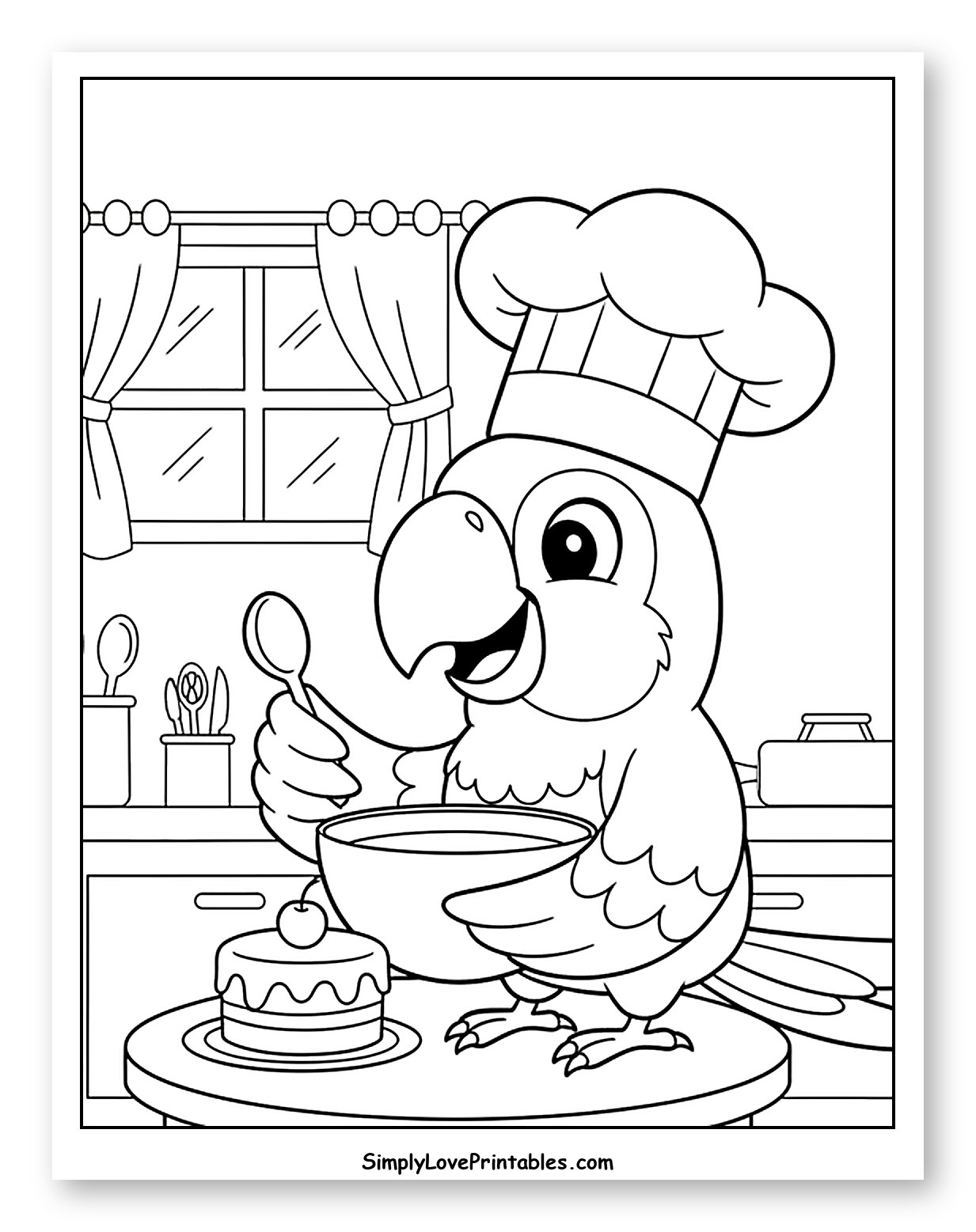 Macaw Chef Baking a Cake to Color for Kids