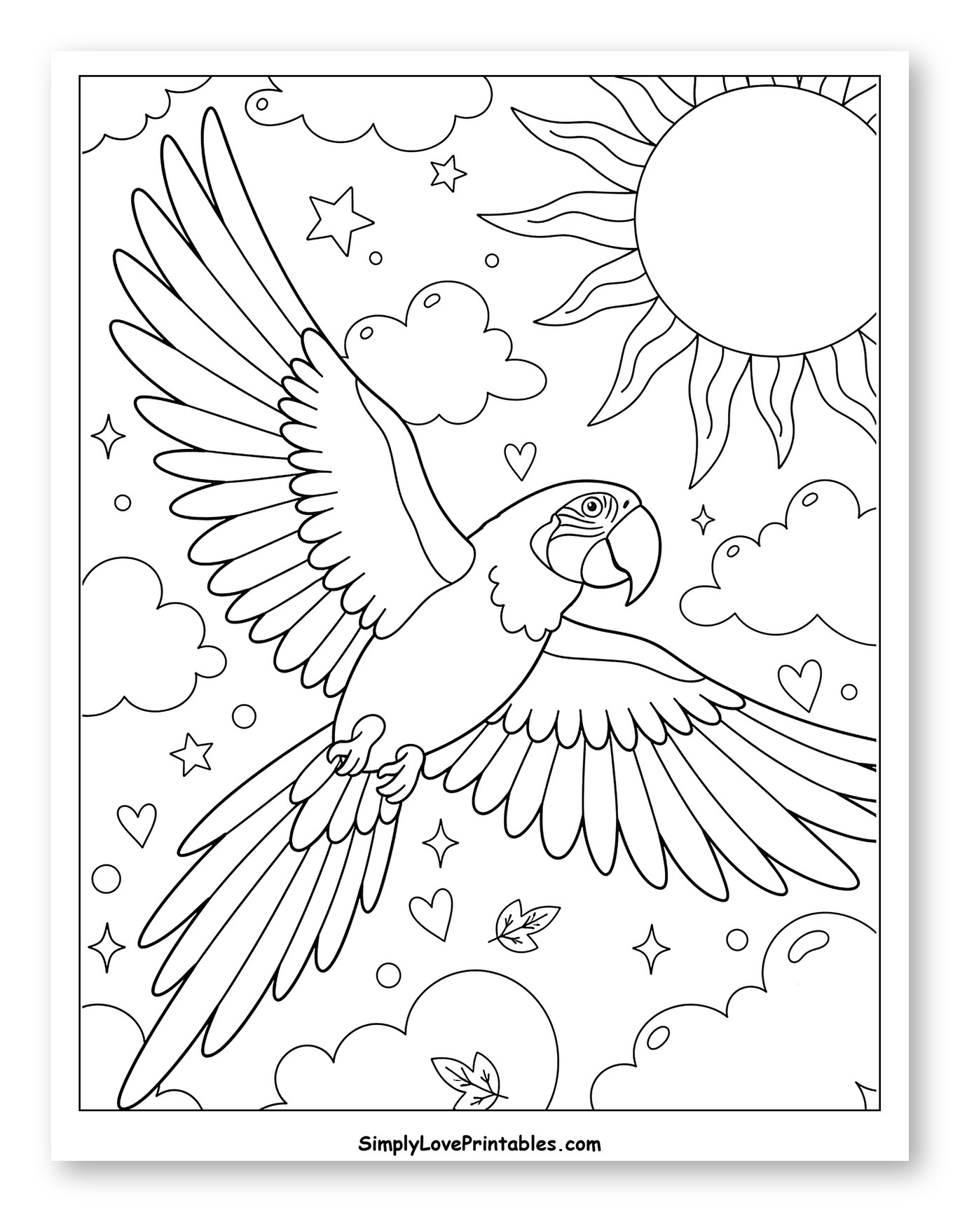Macaw Flying Under the Sun and Clouds