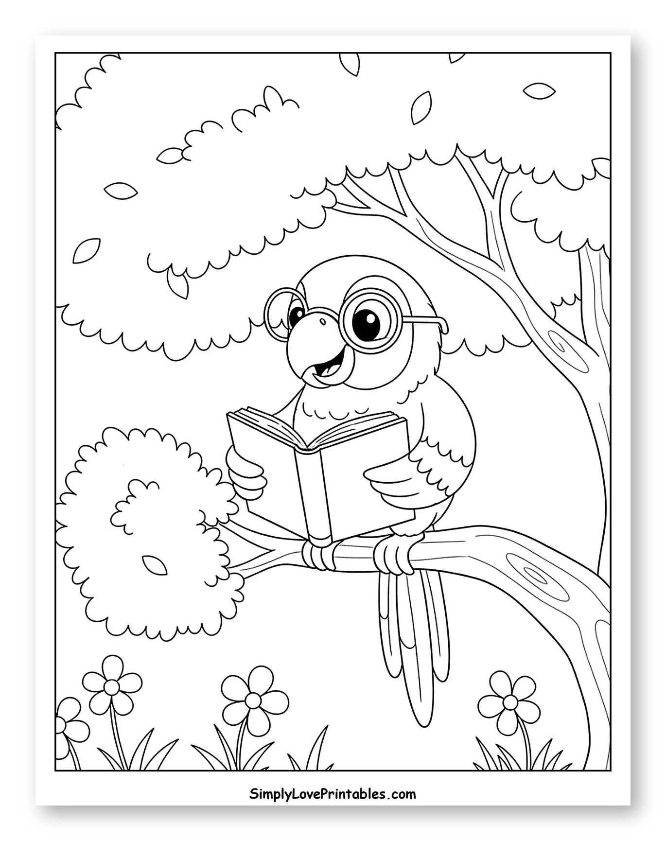 Macaw in Glasses Reading a Book on a Branch to Color for Kids