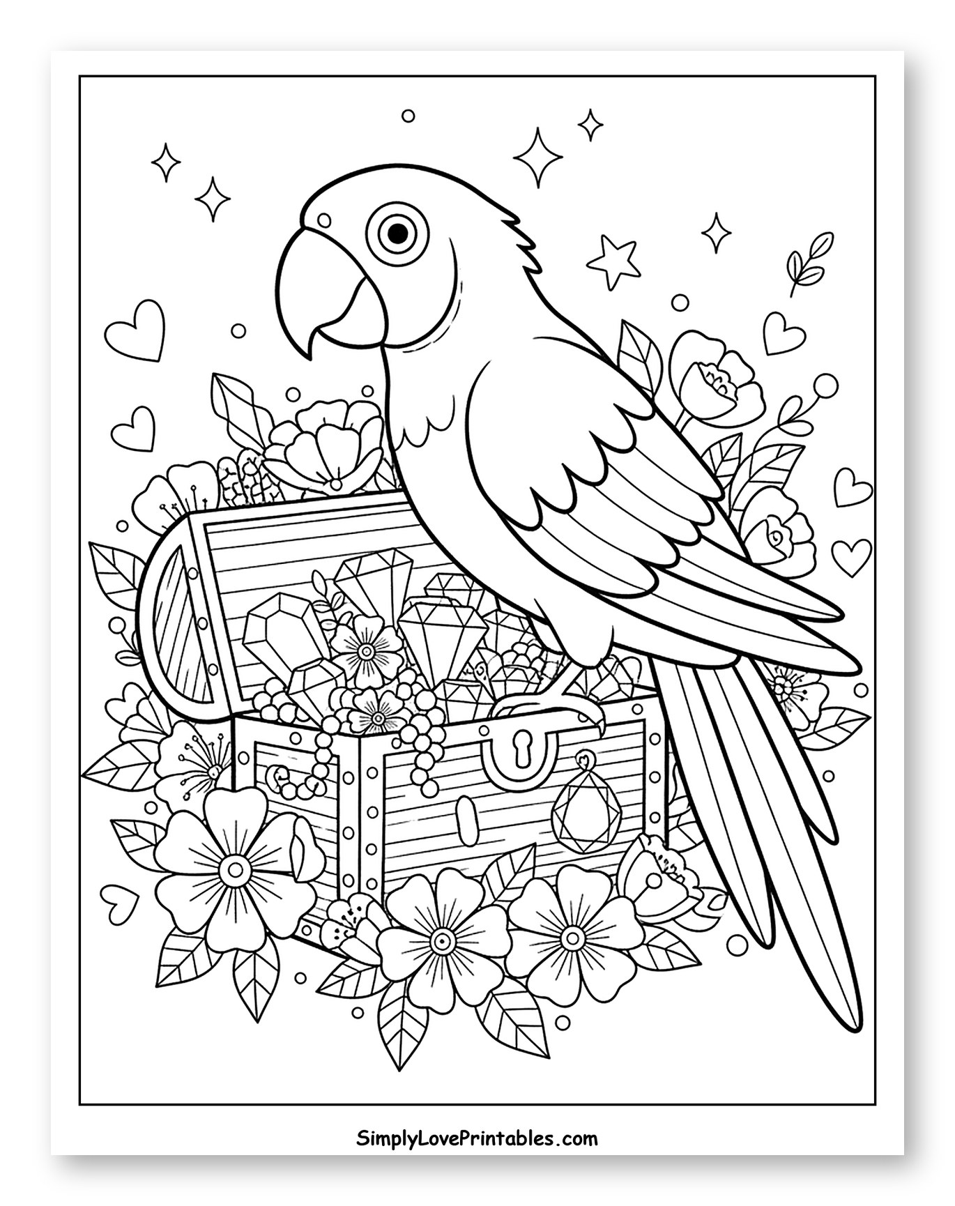 Macaw on Treasure Chest with Jewels and Flowers
