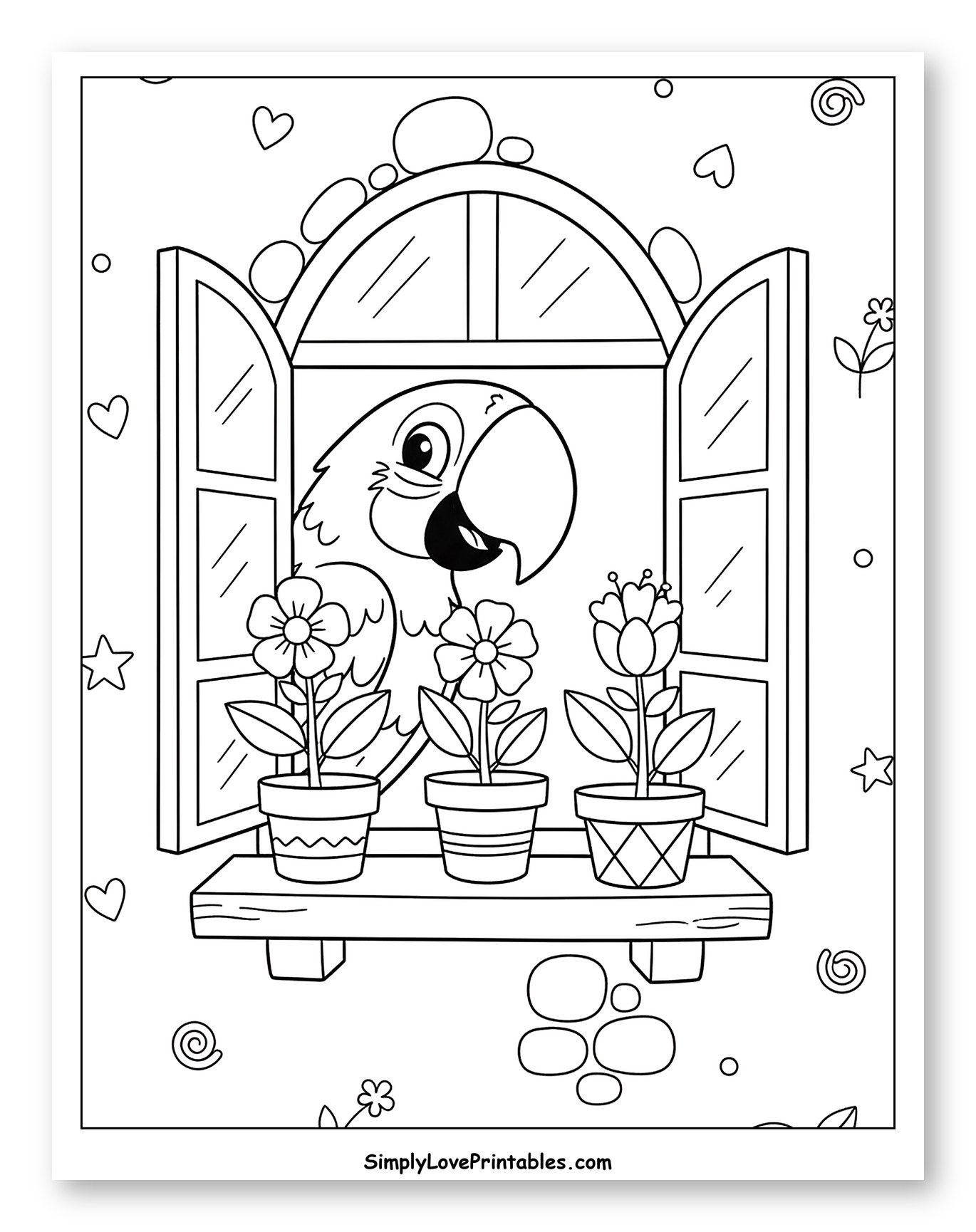 Macaw Peeking from Window with Flowers Coloring Page for Adults