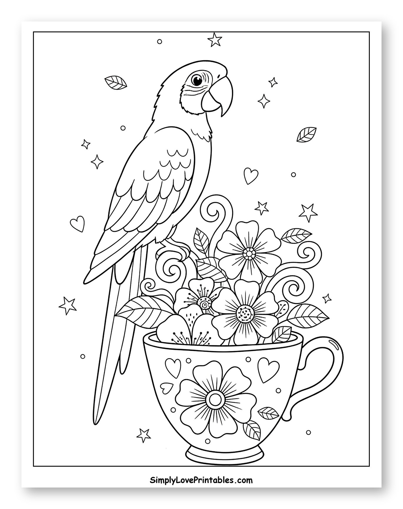 Macaw Perched on a Teacup Full of Flowers