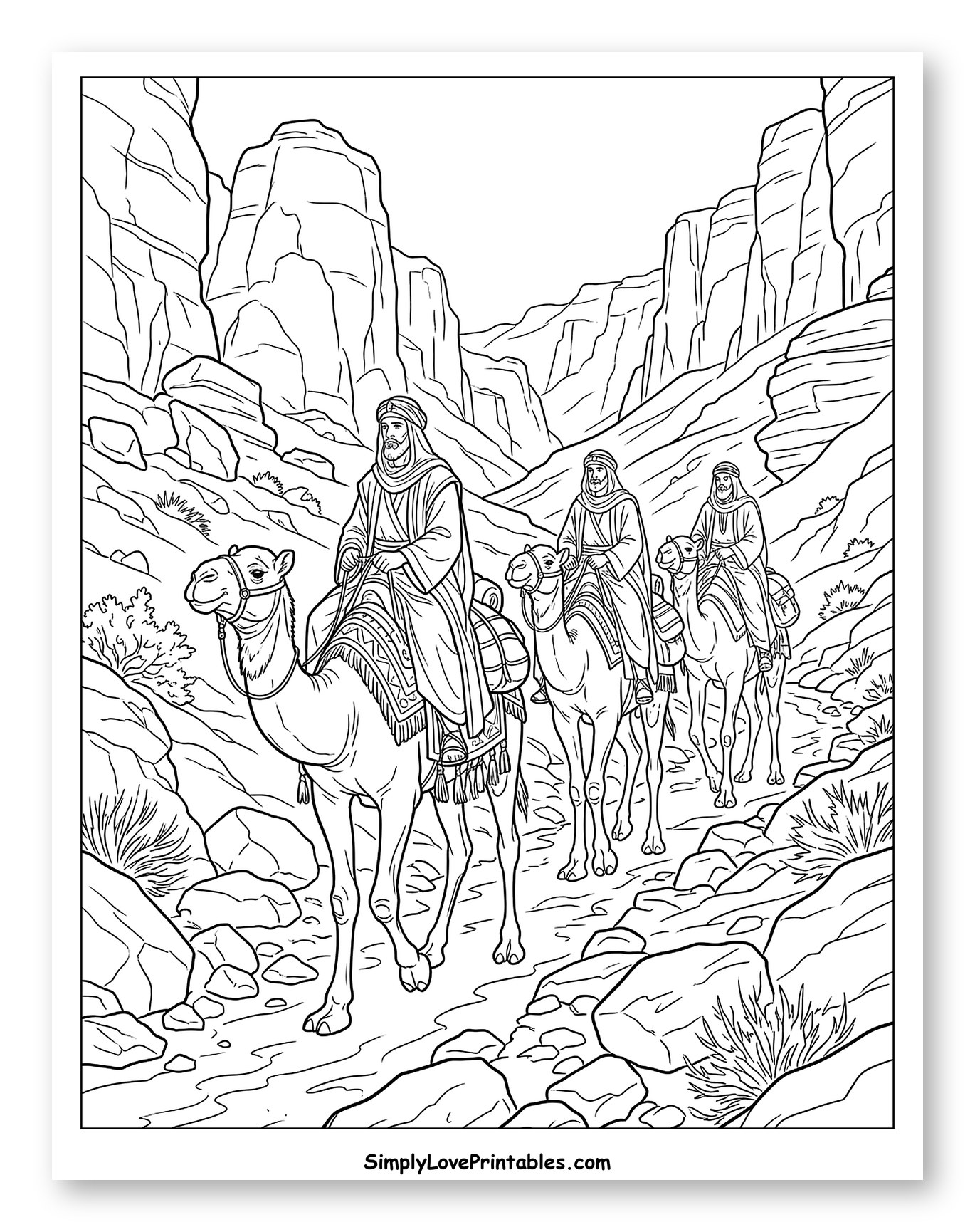 Magi Riding Camels Through a Desert Canyon Coloring Sheet