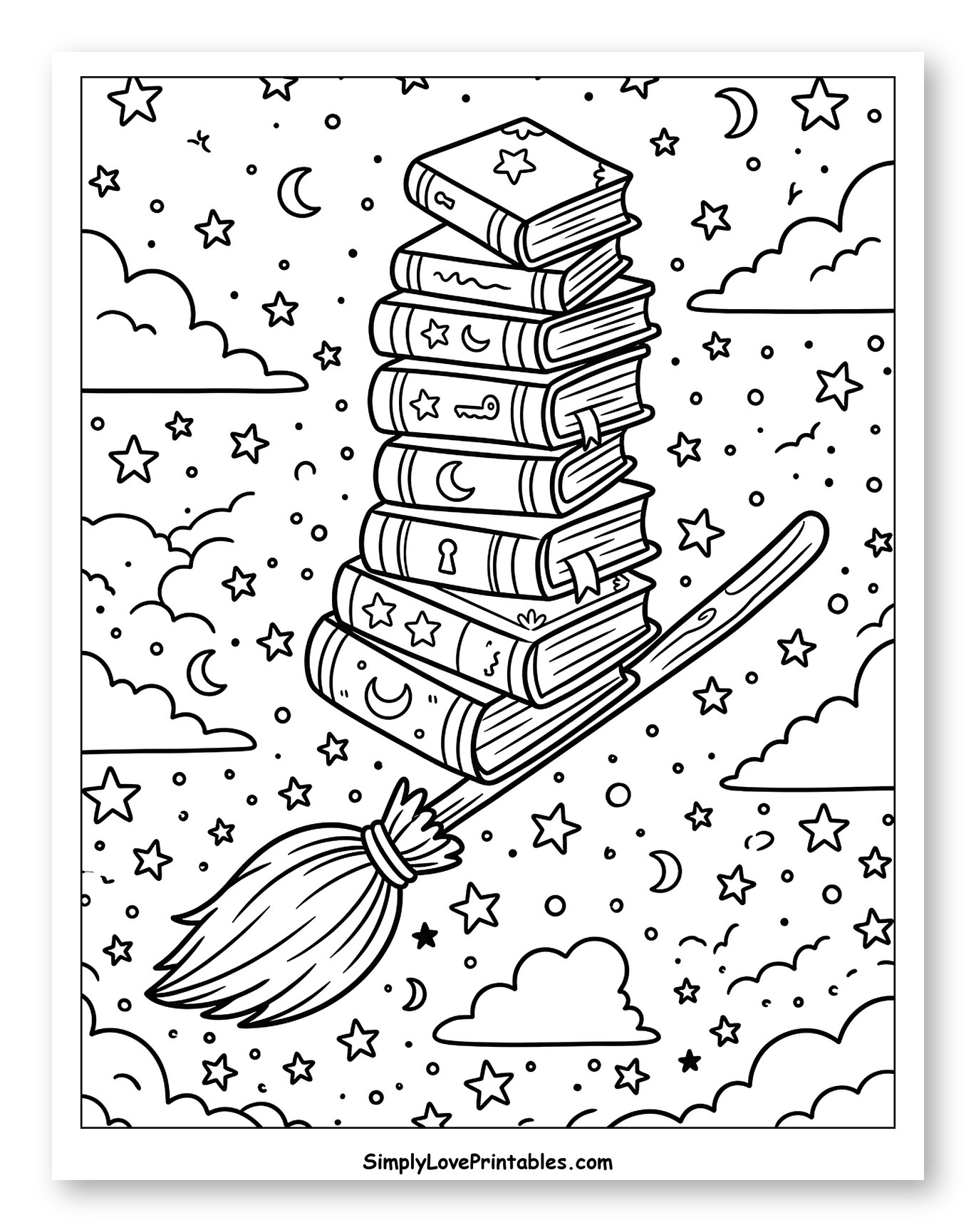 Magical Books Flying on a Broomstick Coloring Sheet for Kids