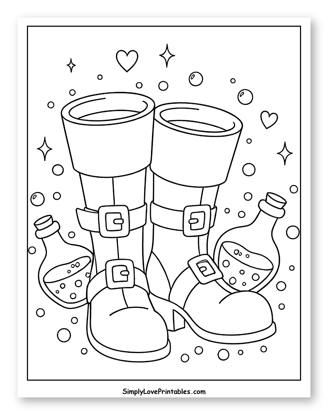 Magical Boots with Potion Bottles Coloring Sheet for Adults