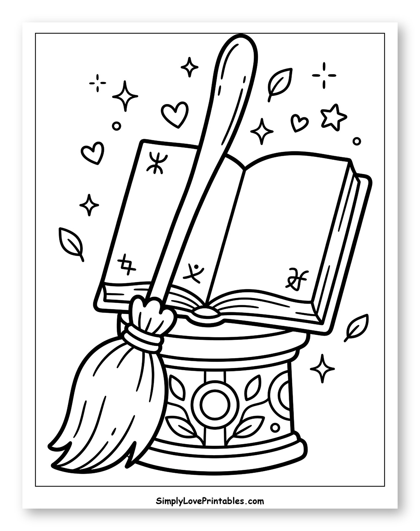 Magical Broomstick with Open Spellbook on Pedestal Coloring Sheet for Adults