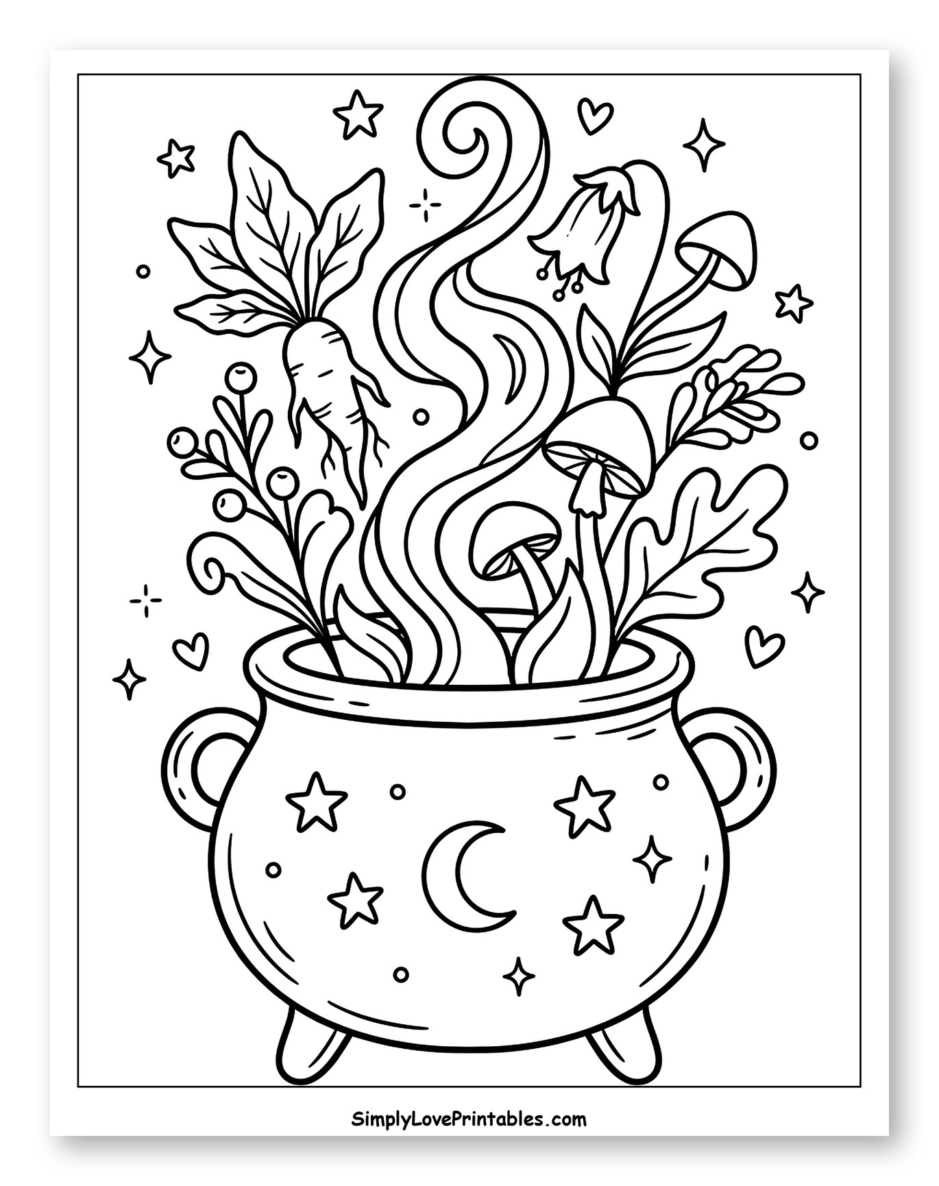 Magical Cauldron with Enchanting Ingredients and Smoke Coloring Sheet for Adults
