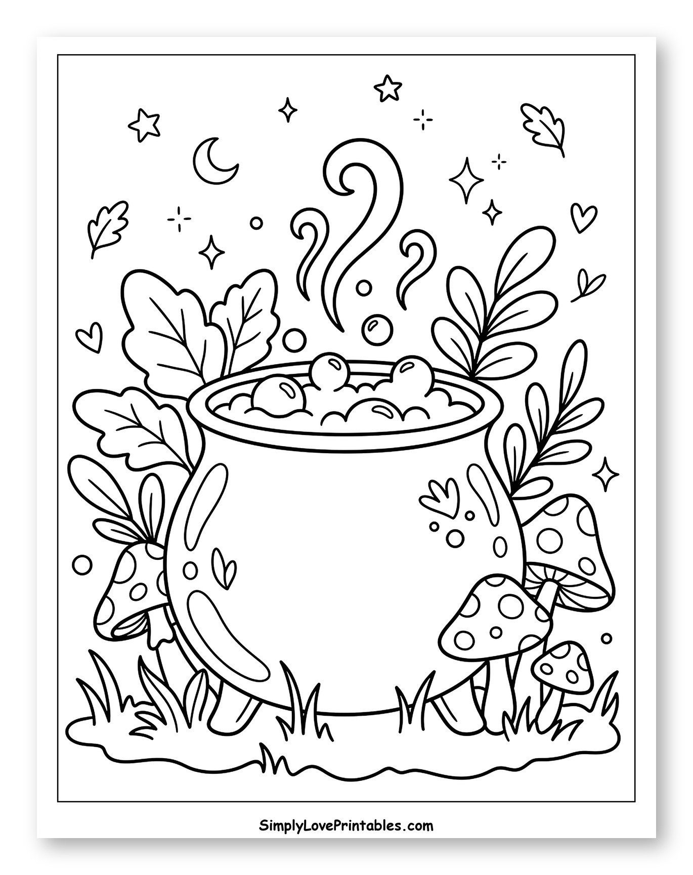 Magical Cauldron with Stars and Mushrooms Coloring Page for Adults