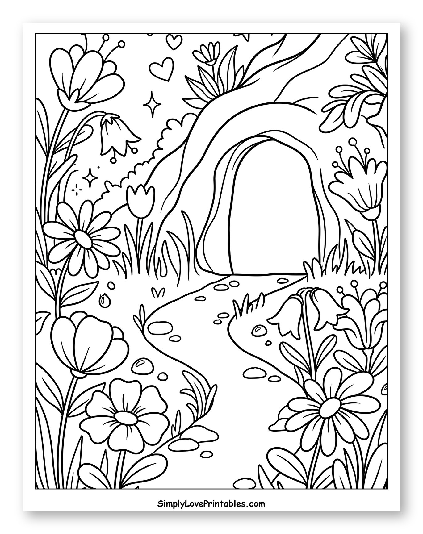 Magical Cave Entrance Surrounded by Flowers Coloring Sheet for Adults