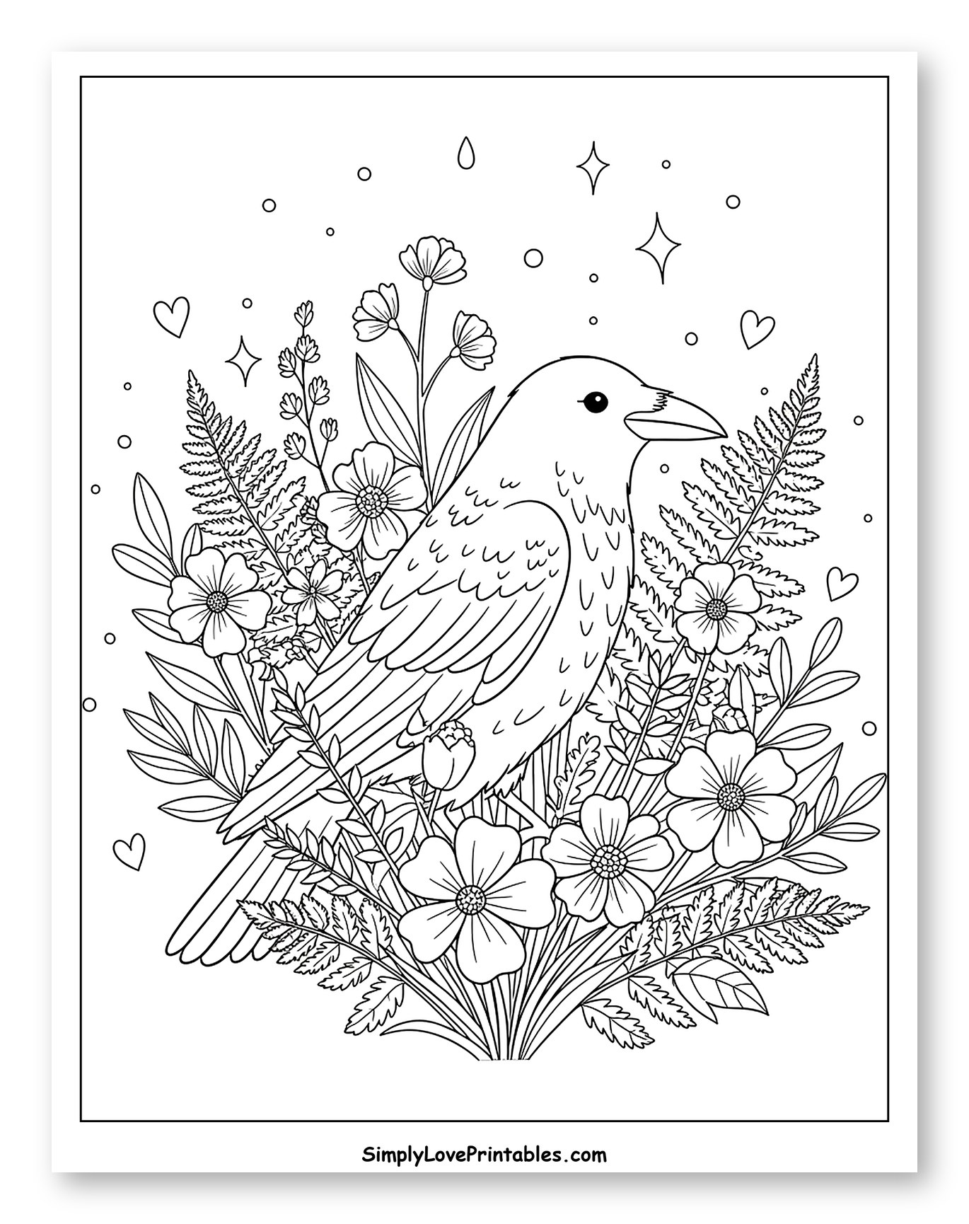 Magical Crow Amidst Blooming Flowers and Ferns Coloring Page for Adults