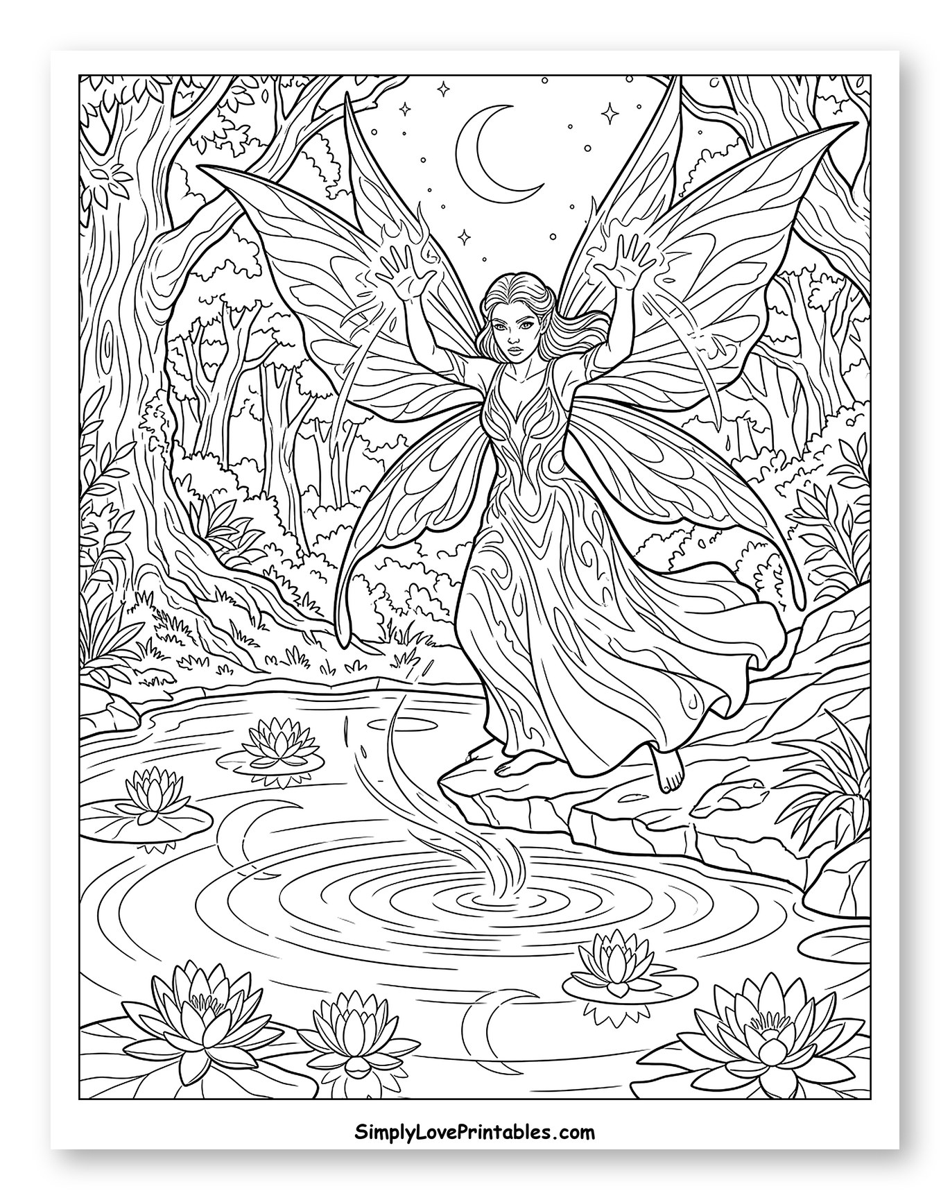 Magical Fairy in a Moonlit Forest Coloring Page
