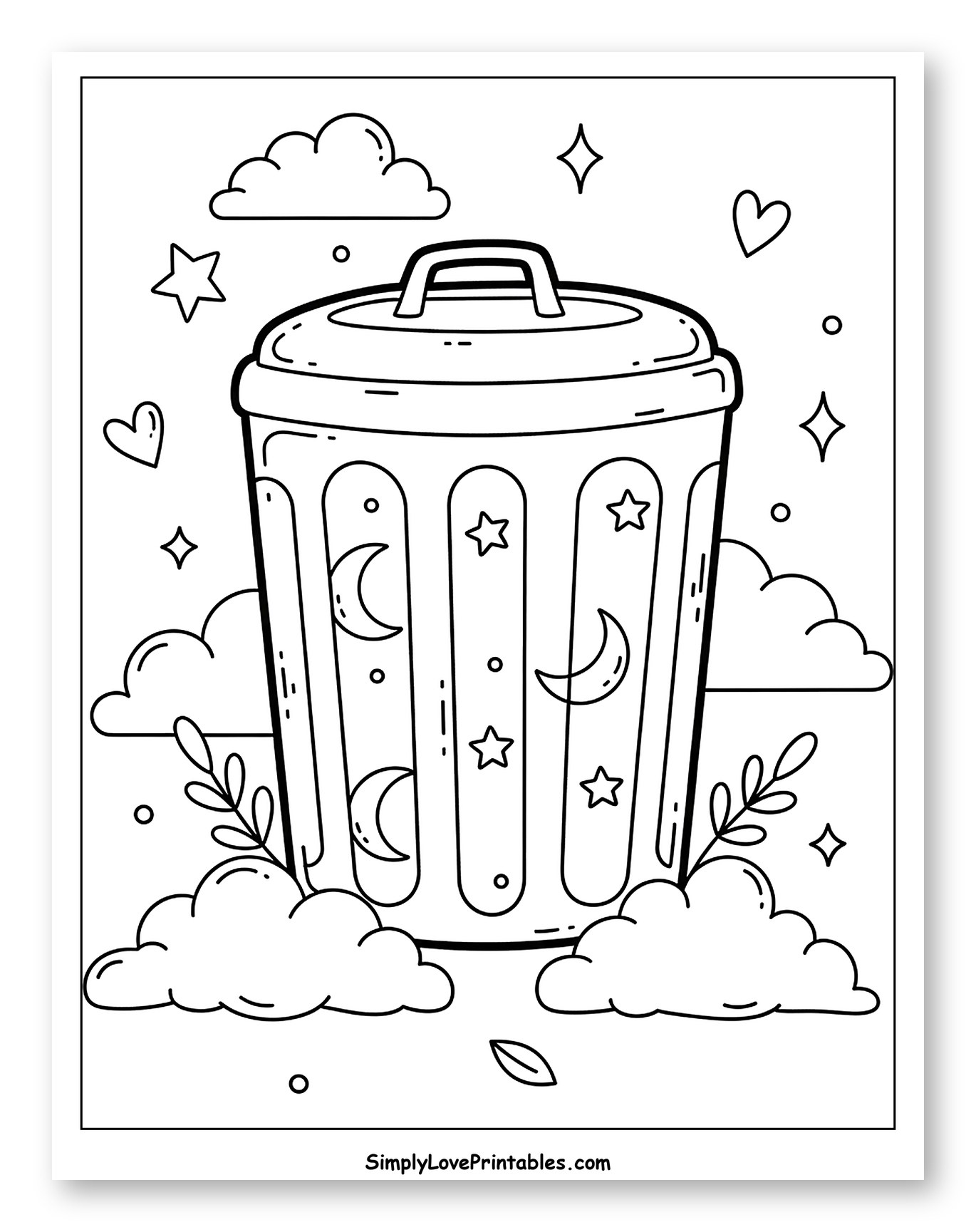 Magical Garbage Can Amidst Clouds and Stars Coloring Page for Adults